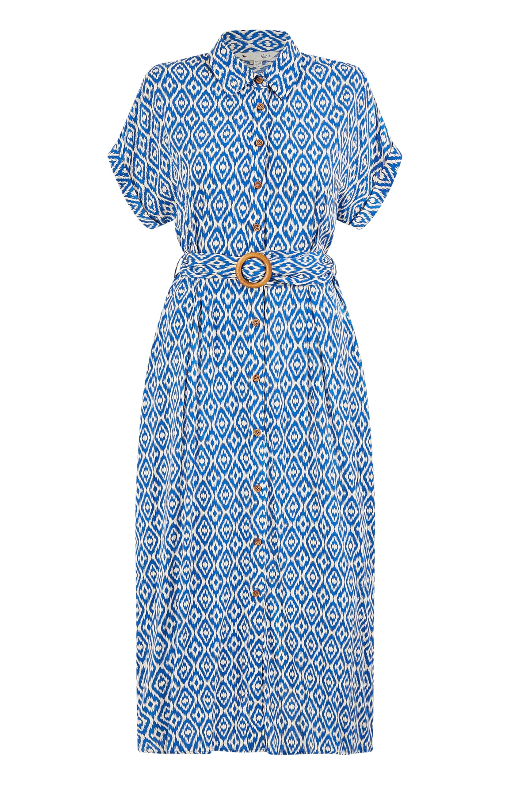 Yumi Women's Blue Viscose Midi Shirt Dress With Matching Belt | Size: 10