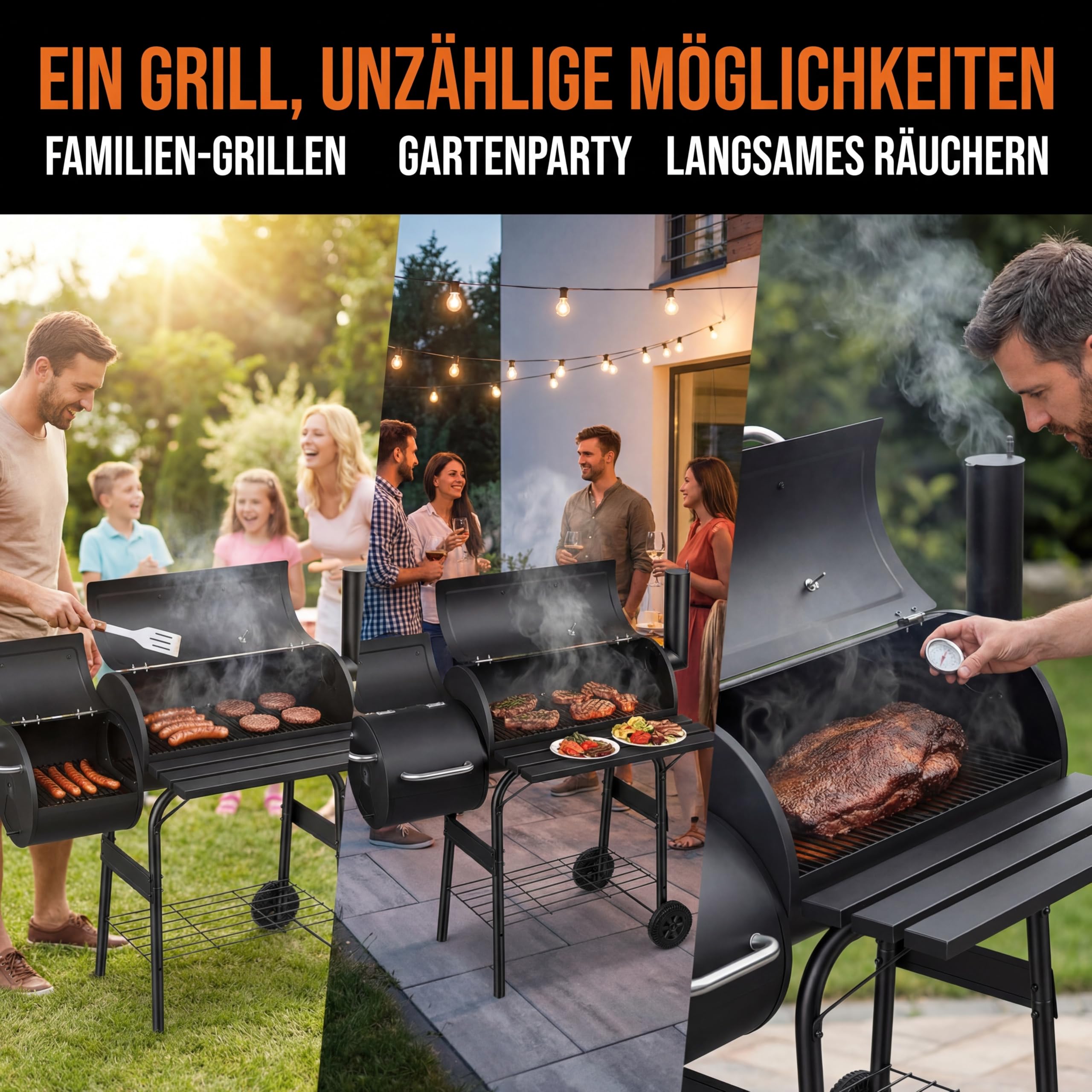 Holzkohle Smoker Grill BBQ mit 2 Kammern, Grillwagen mit Thermometer, Smoker Grill für indirektes Grillen & Räuchern, fahrbarer Garten Grill mit Ablagen, Schwarz