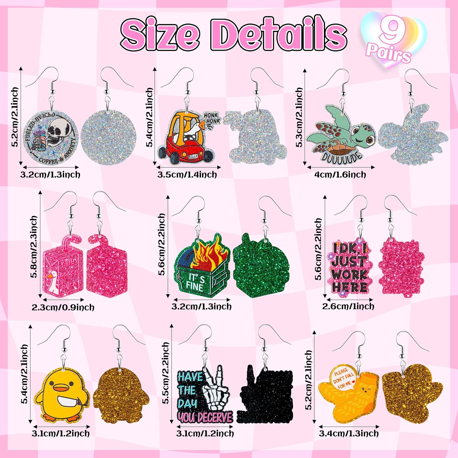 Funny Cute Glitter Earrings - 9 Pairs Colorful Duck Silly Goose Sea Turtle Dumpster Fire Glitter Acrylic Drop Dangle Juice Trendy Earring Jewelry Accessories Gift for Women Halloween Birthday - Image 4