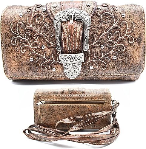 Miniatura 3 de Western Style - Juego de cartera de cuero con diseño floral para mujer, con hebilla oculta, color marrón, Marrón
