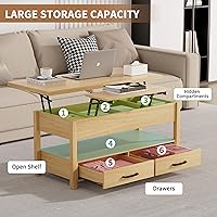 Vista 5 de Mesa de Centro con Tapa Elevable de 42'', Mesa de Centro Multifuncional 4 en 1 con Almacenamiento y Compartimentos Ocultos, Mesa de Centro