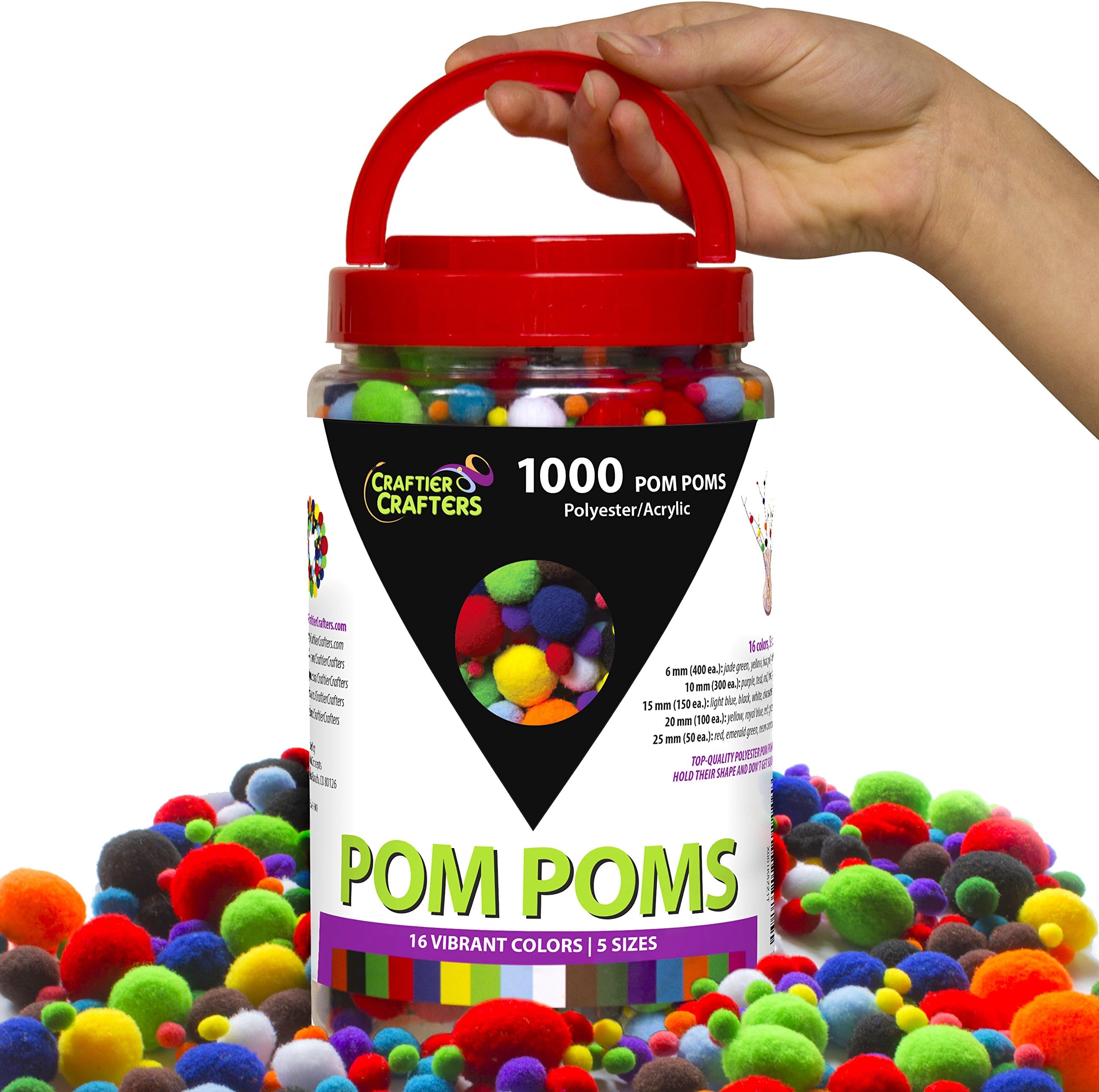 Craftier Crafters Pom Poms 1000 Pcs 16 Colors 5 Sizes in Jar