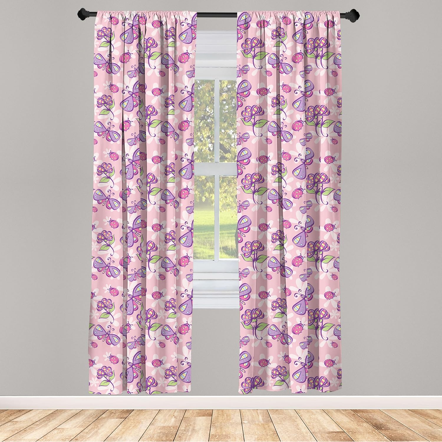 Ambesonne Floral Window Curtains, Butterflies Flowers Cartoon Girls Playroom Theme, Lightweight Decor 2-Panel Set with Rod Pocket, Pair of - 28" x 95", Pink
