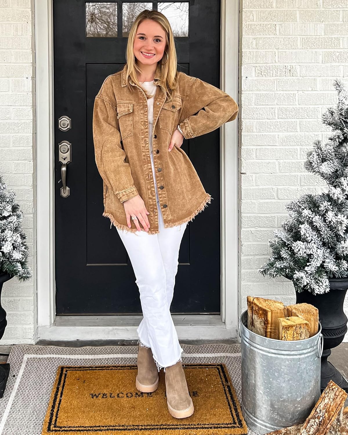 luvamia Denim Jacket for Women Oversized Button Down Casual Jean Shacket Jackets Long Sleeve Frayed Hem Western Trendy - Image 3