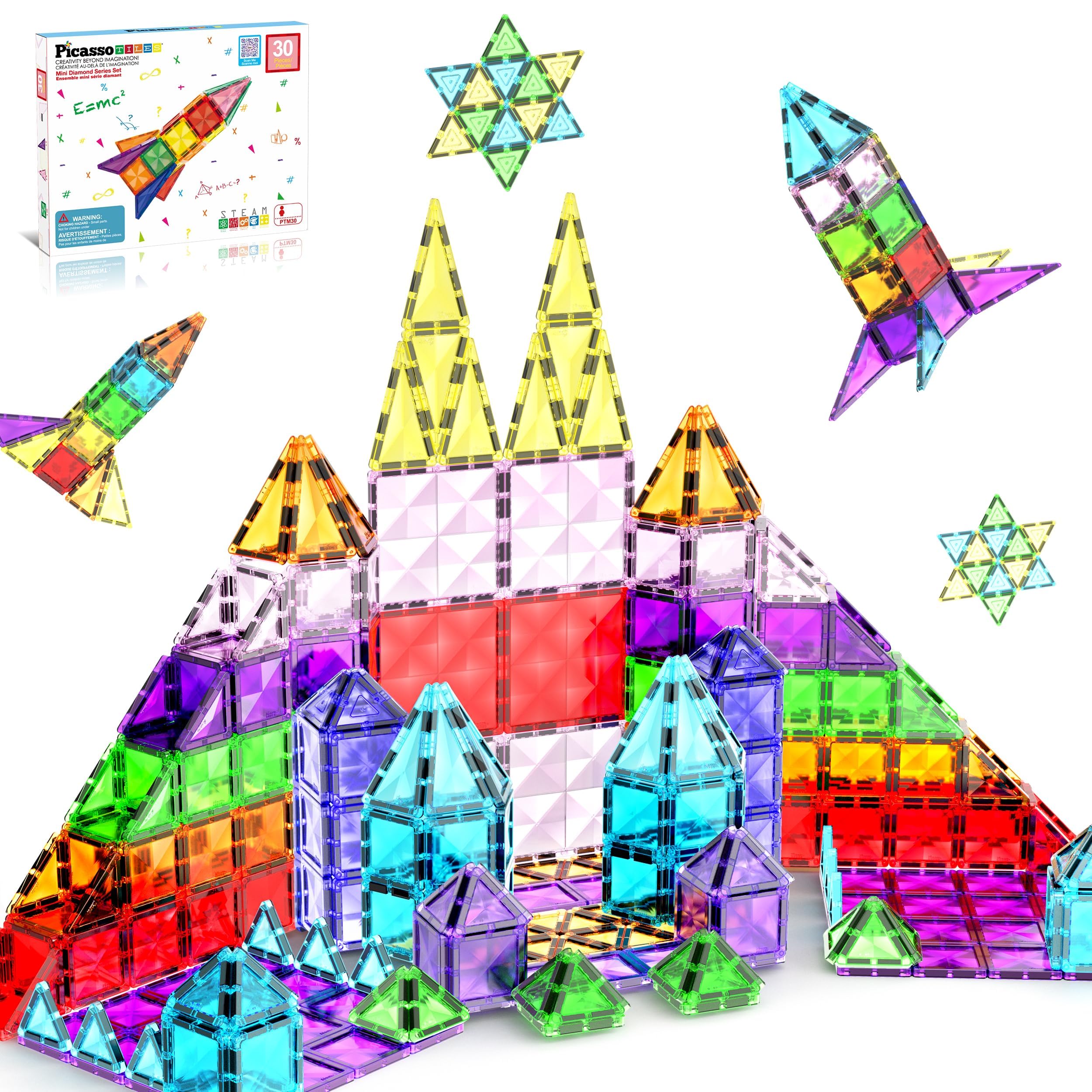 PicassoTiles 30 pezzi Blocchi magnetici Dimensioni da viaggio della serie Mini diamante Set di giocattoli da costruzione magnetici in movimento Kit didattico STEM Playset Educativo Cervello Bambino