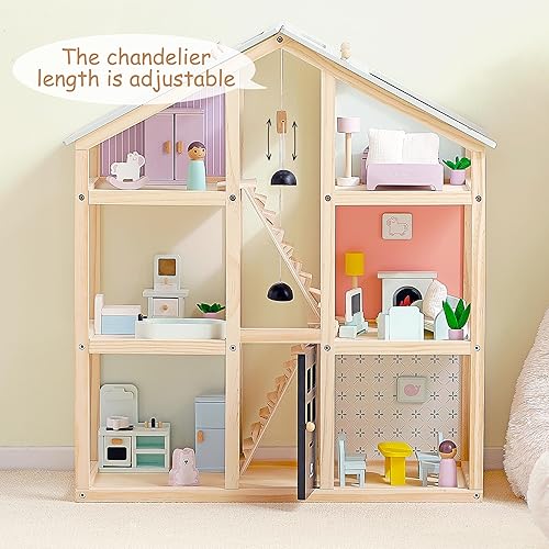 Miniatura 10 de Casa de muñecas grande de madera rosa, casa de muñecas de 7 habitaciones de 3 pisos con muebles y accesorios de 38 piezas, balcón, juego de