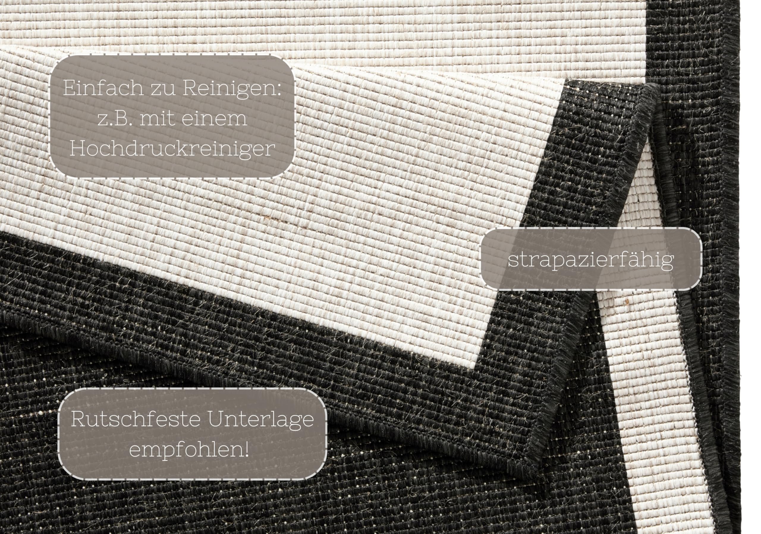 NORTHRUGS In- und Outdoor Teppich Panama 80x350cm - Wendeteppich Wetterfest Modernes Uni Design mit Bordüre Läufer für Balkon Terrasse Garten Wintergarten Wohnzimmerteppich Wasserfest in Schwarz Creme