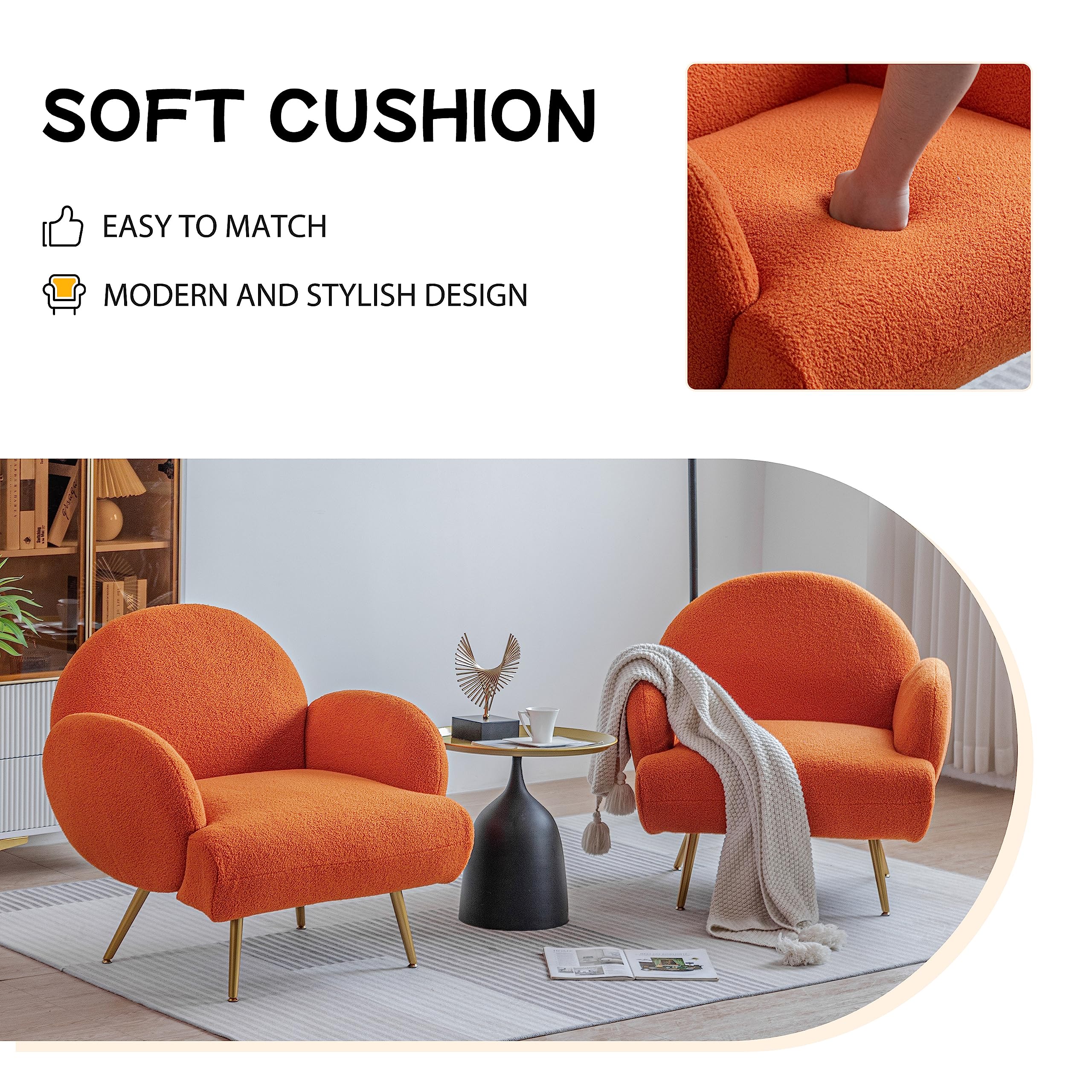 AISALL Poltrona Imbottita, Sedia da Salotto Moderna con Gambe in Metallo Nero, Poltrona da Salotto/Camera da Letto/caffè, Sedia da Divano, Arancione