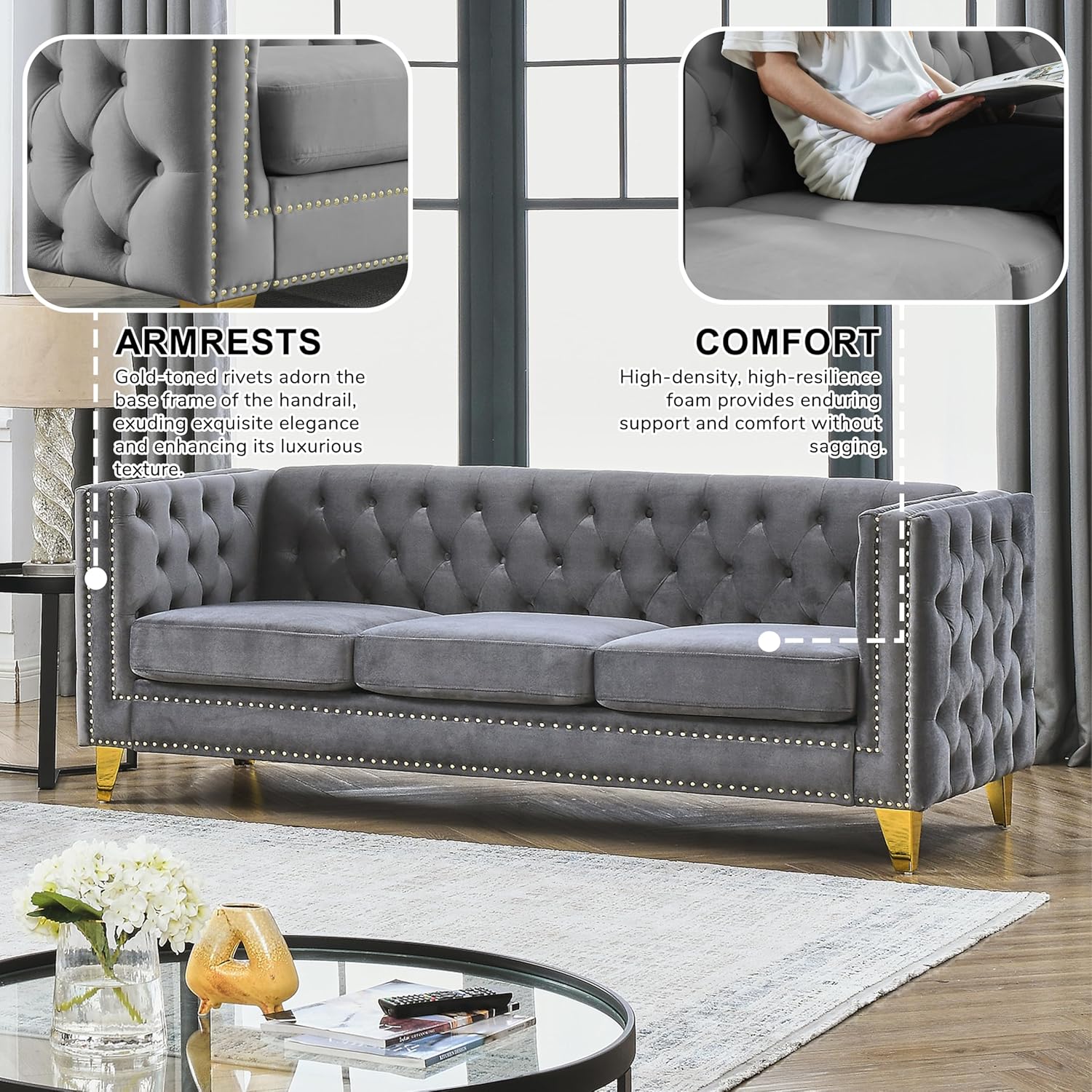 2 Piece 81" 3-Seater + 58" Loveseat Velvet Sofa Set,Buttons Tufted and Square Arm,Inlaid Gold Nail Heads and 4 Golden Metal Legs for Living Room (Grey, 81" 3-Seater + 58" Loveseat Velvet Sofa Set)