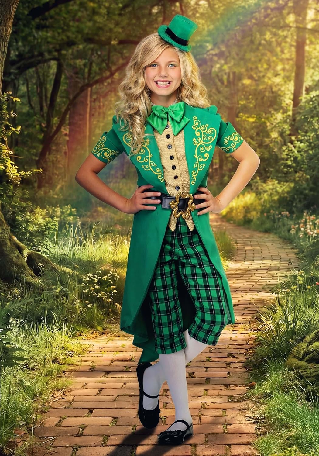 Girls Charming Leprechaun Costume, St. Patrick's Day Outfit For Kids With Tailcoat Jacket, Pants, Belt, Socks, Scarf, And Hat