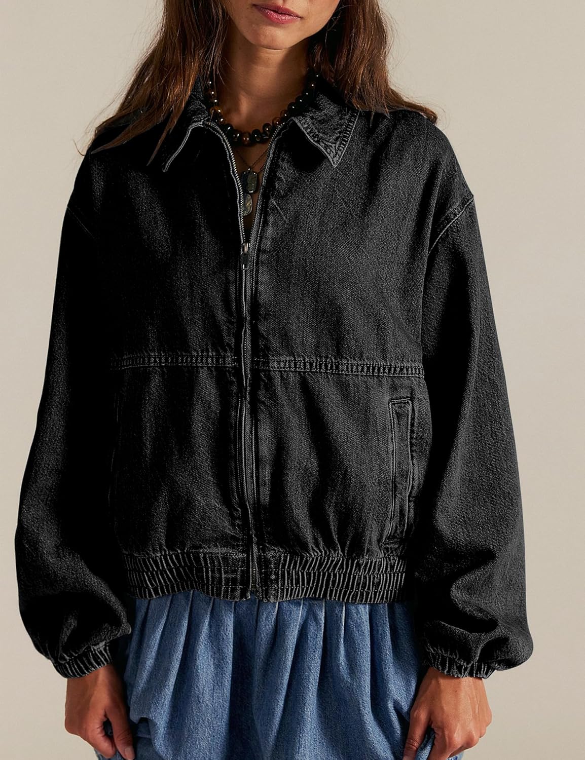 Womens Denim Jackets Long Sleeve Zip Up Elastic Hem Classic Loose Jean Bomber Jacket Outfit - Image 3