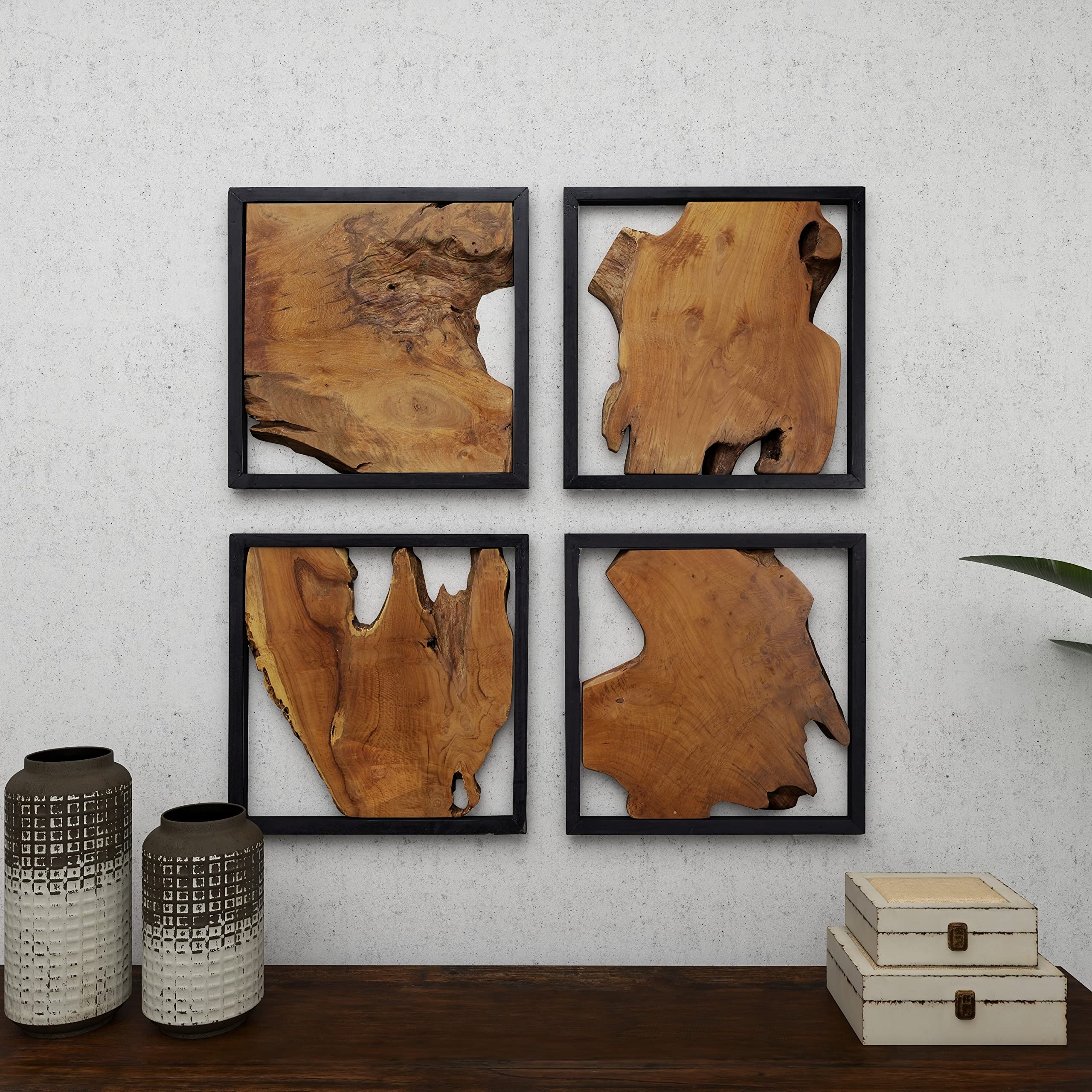 Deco 79 Teak Wood Abstract Handmade Live Edge Tree Trunk Wall Decor with Black Frames, Set of 4 18"W, 18"H, Brown