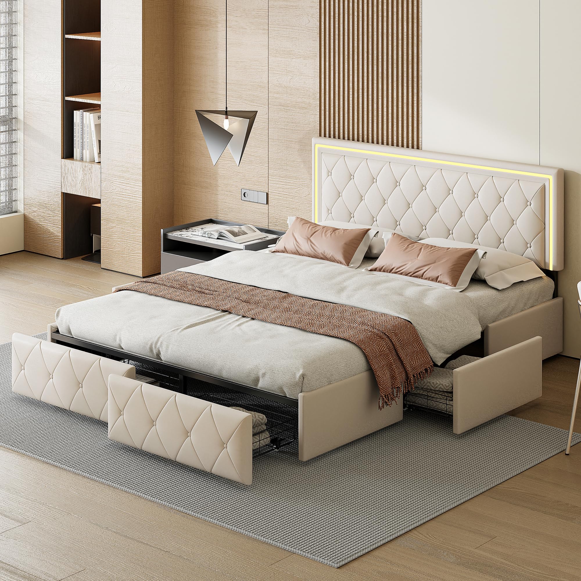 Cama Acolchada de Matrimonio con 4 cajones y LED, Estructura de Cama de Matrimonio, Plataforma de Poliuretano con somier de láminas de Madera, sin colchón (Beige, 140x200cm)
