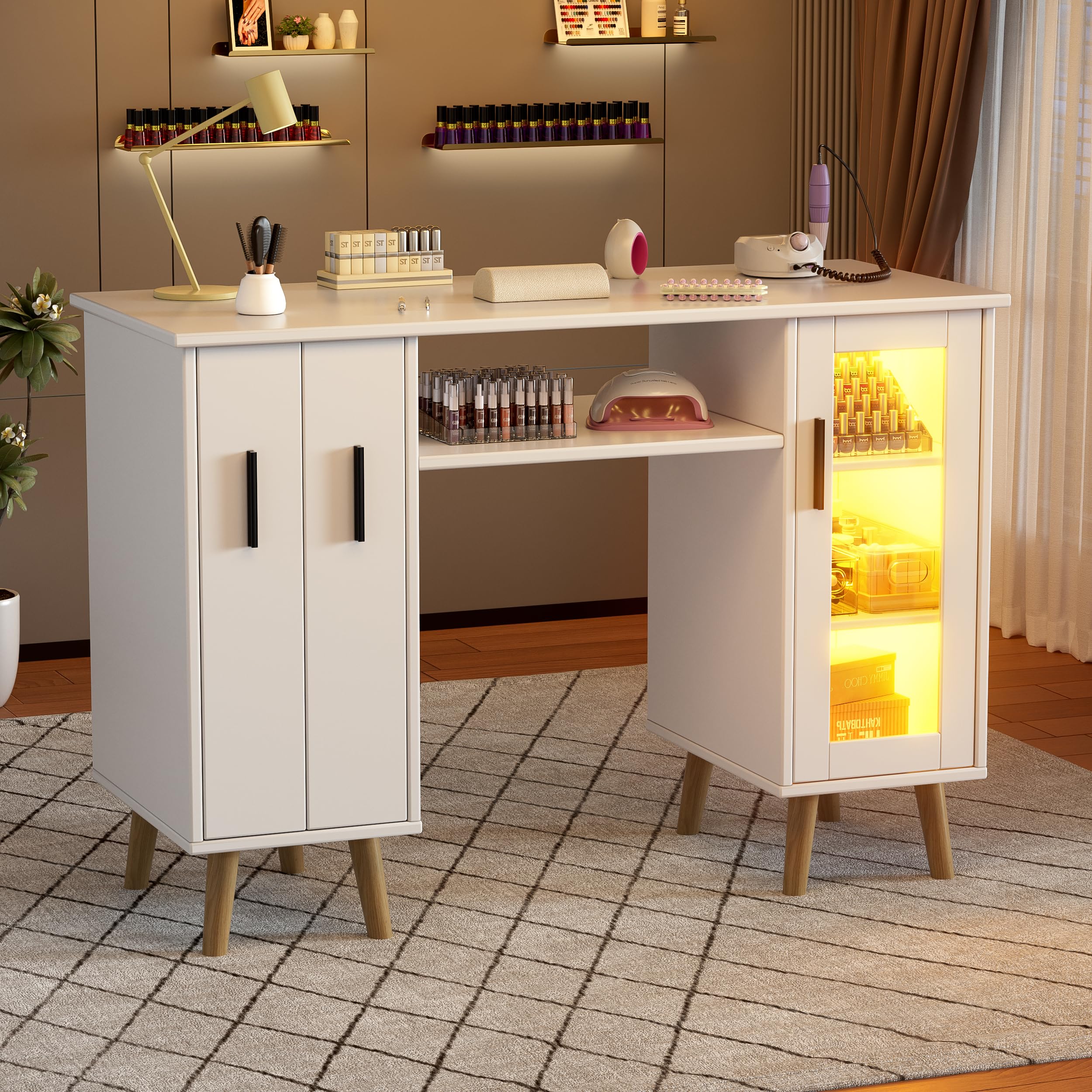MSFE Mesa de Manicura,Estación de uñas Profesional con 2 Armarios Extraíbles Verticales,Armario de Gran Capacidad de 3 Niveles,Luces LED Ajustables para Salón de Belleza Profesional,108 * 45 * 76cm
