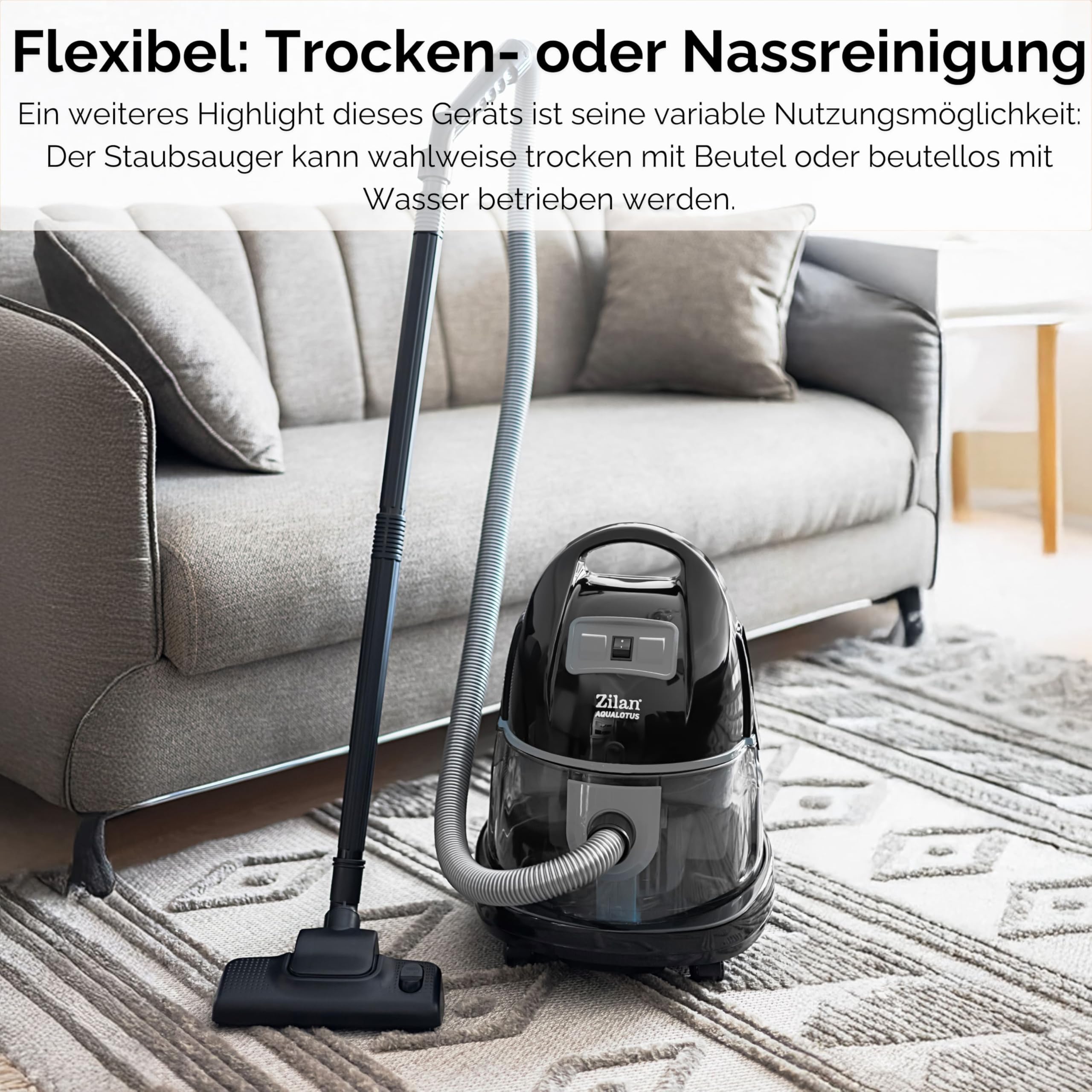 Zilan Aspirateur avec filtre à eau sans sac H20 - Puissance d'aspiration 2000 W - Aspirateur sans sac - Tuyau à 360° - Convient pour les personnes allergiques - Convient pour tous les sols et tapis