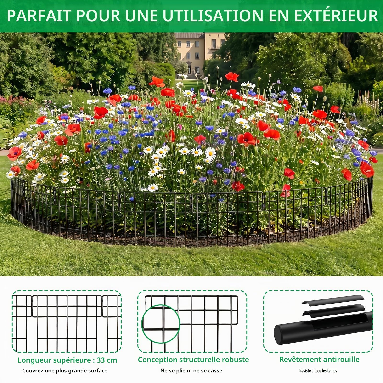 Thealyn 10 Pack Barrière Animaux de Jardin en Métal Décorative, Hauteur 17 po (43 cm) X Largeur 13 po (33 cm), Longueur Totale 10,8 Pieds (3,3 m), Clôture de Jardin sans Creusage pour Délimiter