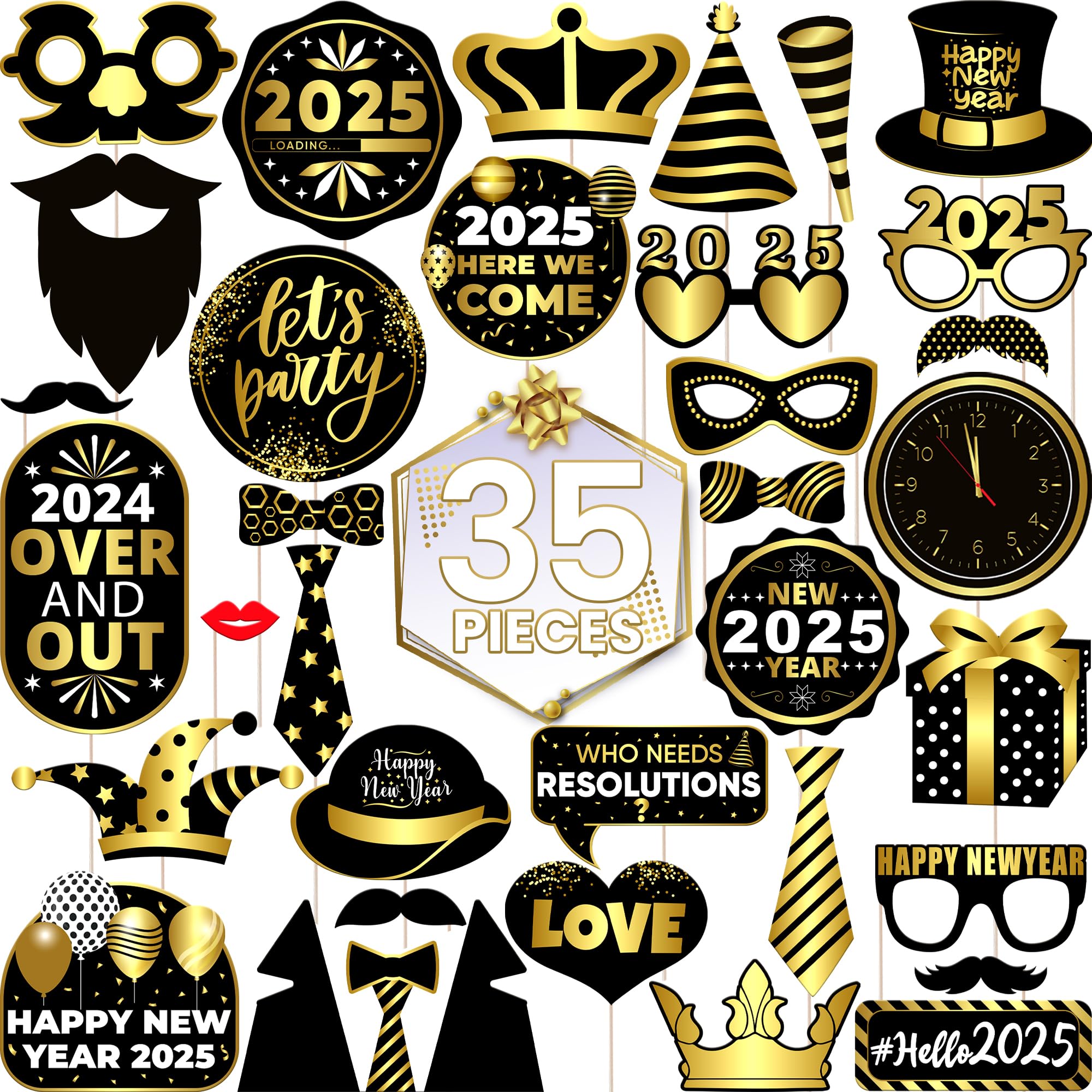 KatchOn, New Years Eve Photo Booth Props 2025 - Pack of 35 | Gold and Black New Years Photo Booth Props for Happy New Years Decorations 2025 | New Years Eve Party Supplies 2025 | NYE Decorations 2025