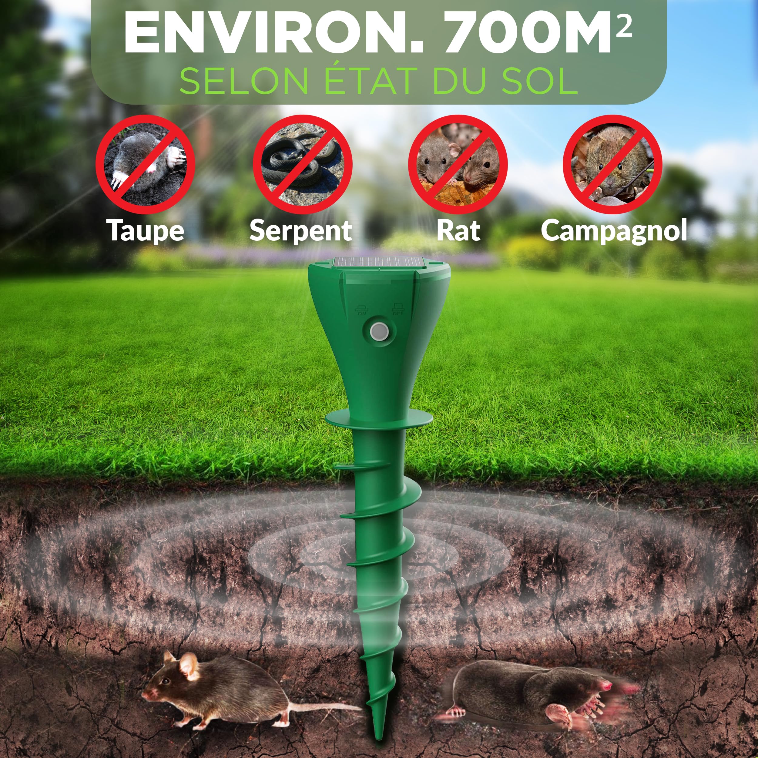 ISOTRONIC Répulsif Solaire Contre Taupes Campagnols Serpents – Picot Sol Jardin – Portée 700 m² (2 pièces)