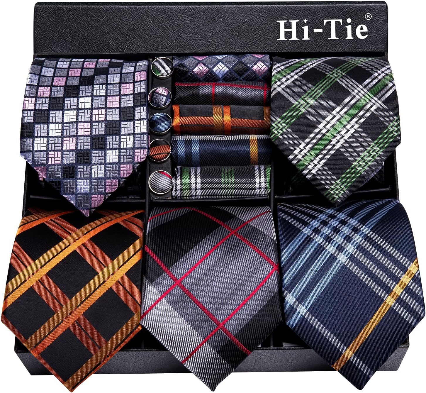 Hi-Tie Lot 5 Pcs Gift Box Mens Tie Set Necktie with Pocket Square Cufflinks Silk Neck Tie Collection