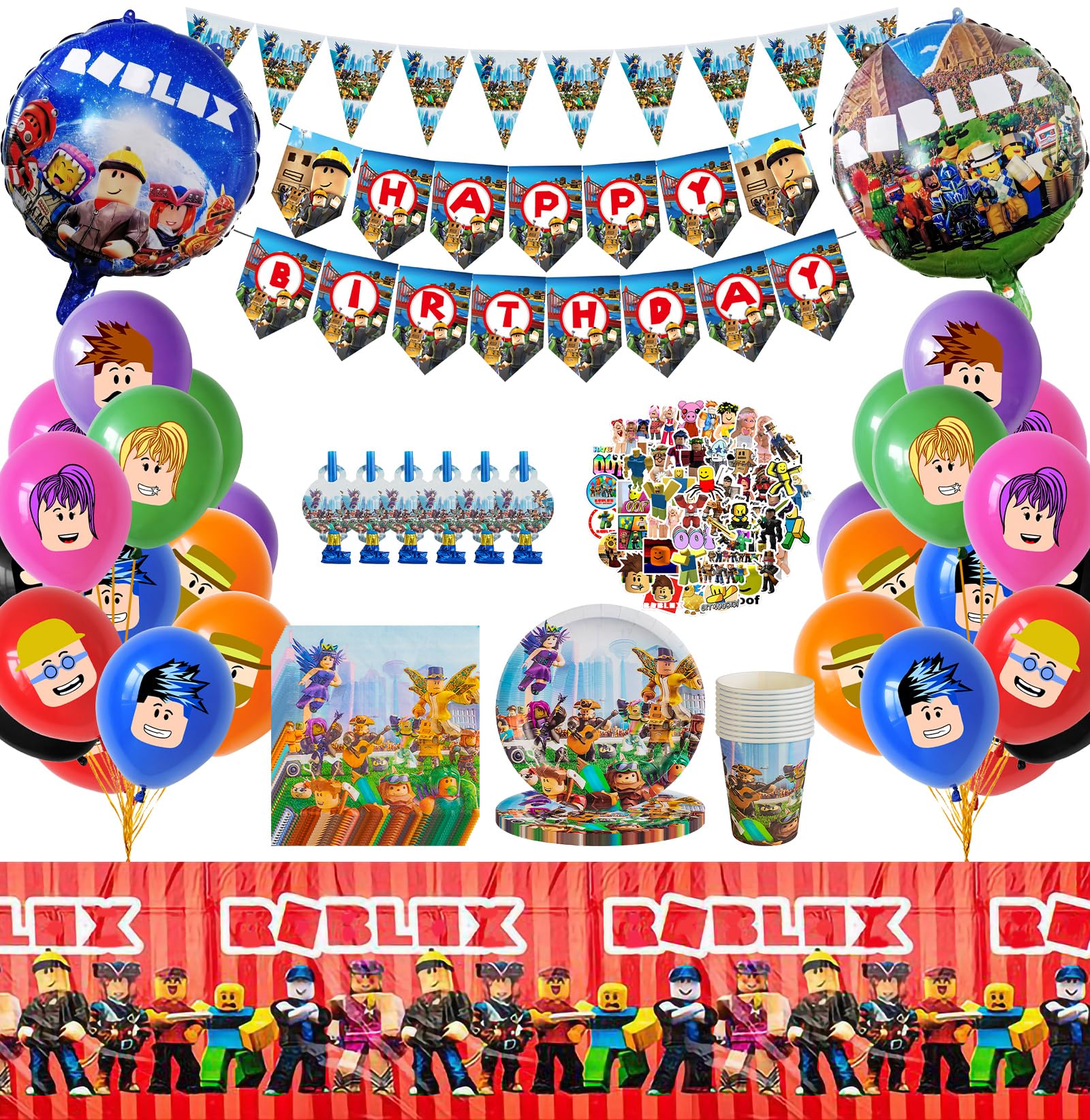115pcs Roblox Birthday Decorations, Roblox Cake Topper, Driflo Gamer Party Decorations, Party Tableware Set, With Balloons, Tablecloth, Plates, Cups, Napkins, Stickers, for Birthday Gift