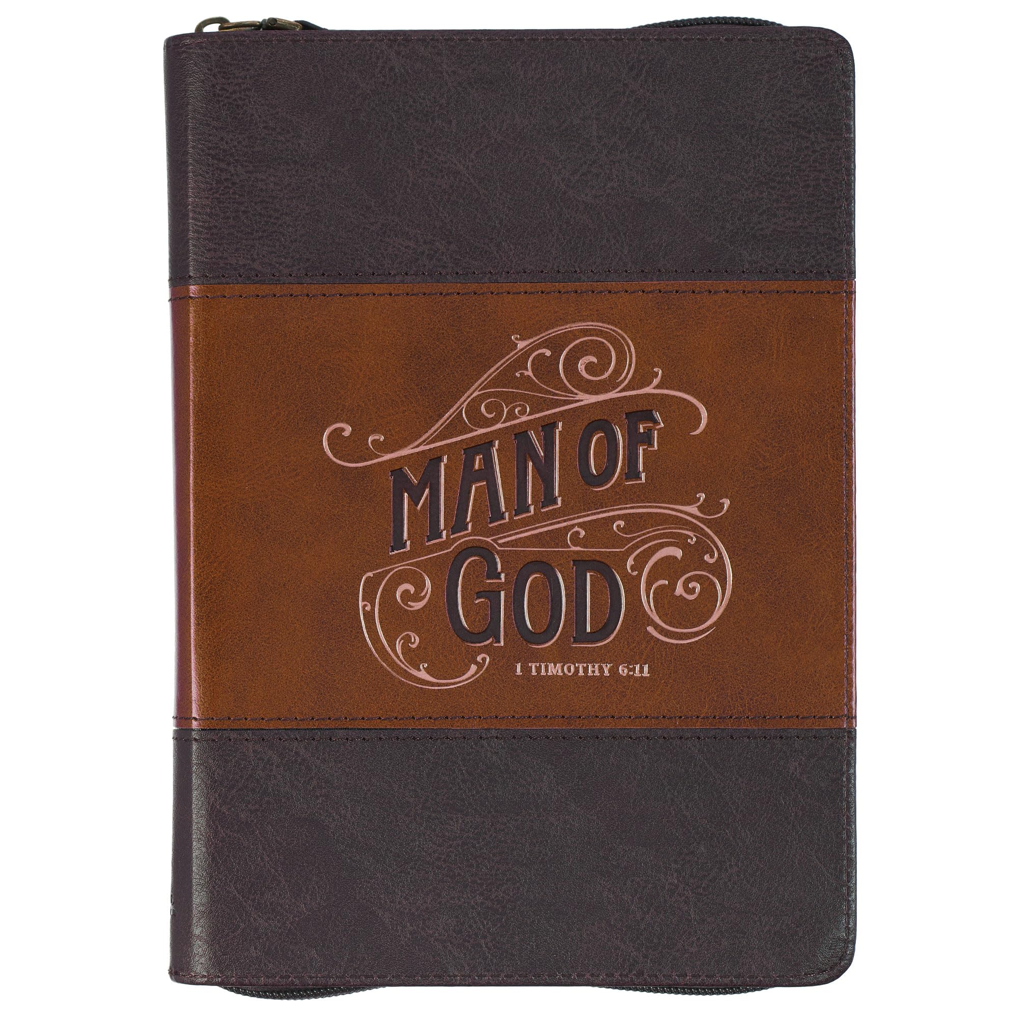 Christian Art Gifts Diario in pelle vegana marrone con cerniera, notebook da uomo ispiratore Scrittura dell'uomo di Dio, copertina flessibile, 336 pagine a righe, segnalibro a nastro, 1 tim. 6:11