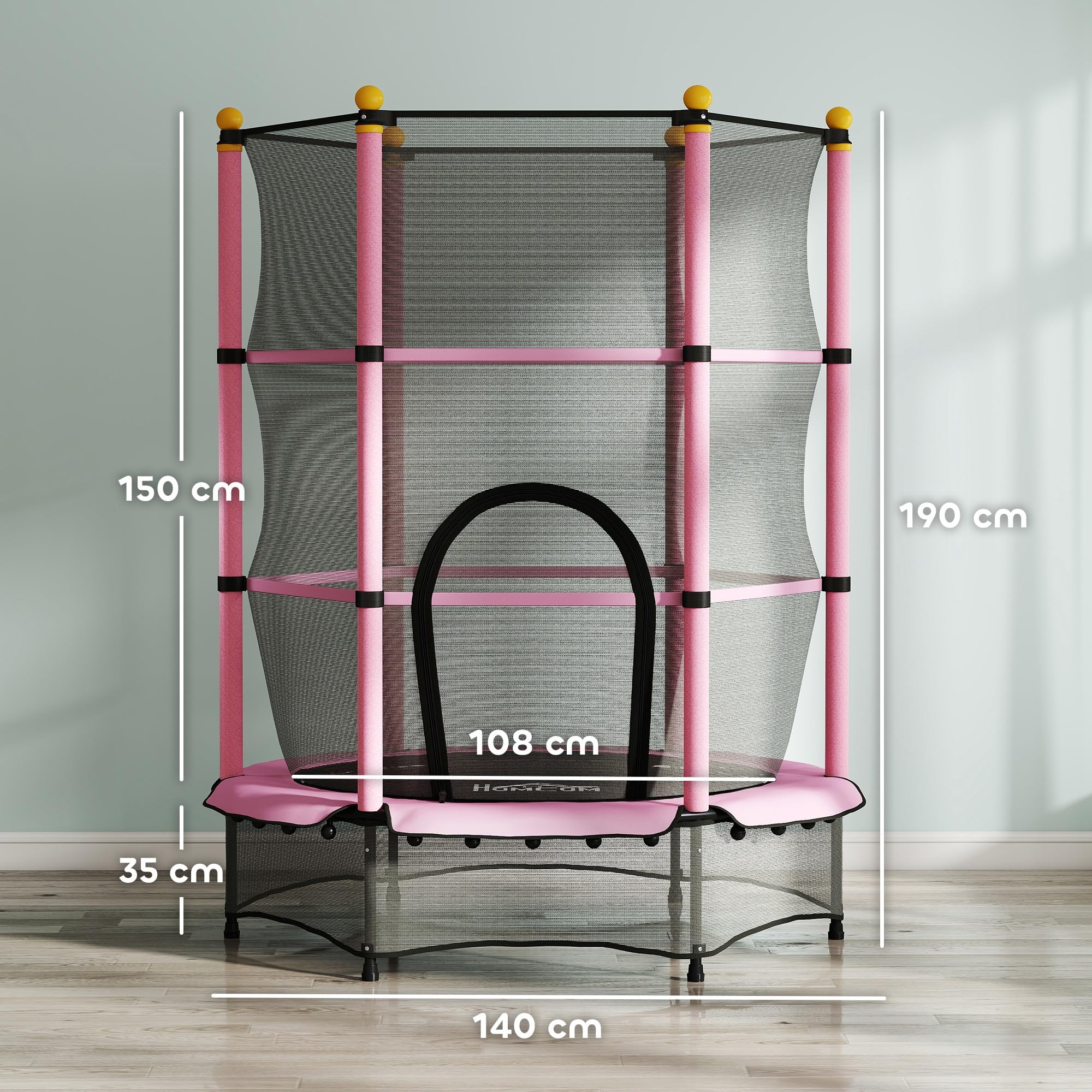HOMCOM Cama Elástica Infantil Ø140 cm, Trampolín para Niños de 3-10 Años con Red de Seguridad y Marco de Acero, Carga 50 kg, para Interior y Exterior