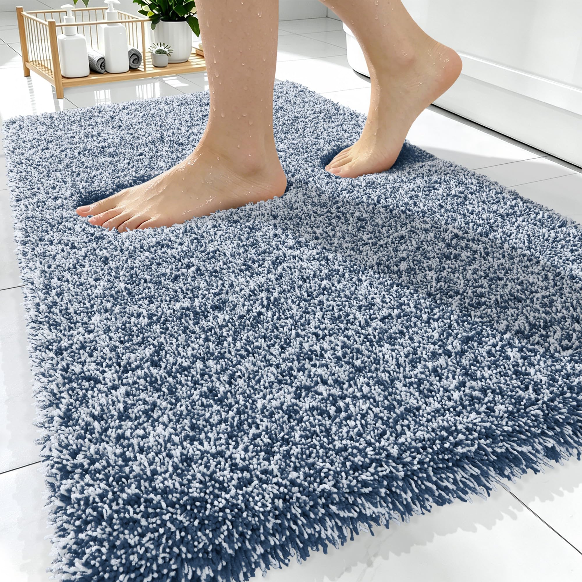 OLANLY Microfiber Bathroom Rugs 30x20, Quick Dry Bath Mat, Navy and White