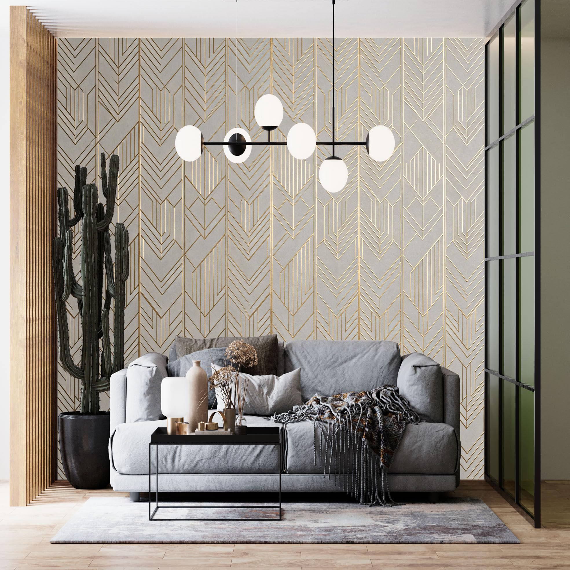 Papier peint panoramique doré luxe mural géométrique moderne salon 600x320 cm