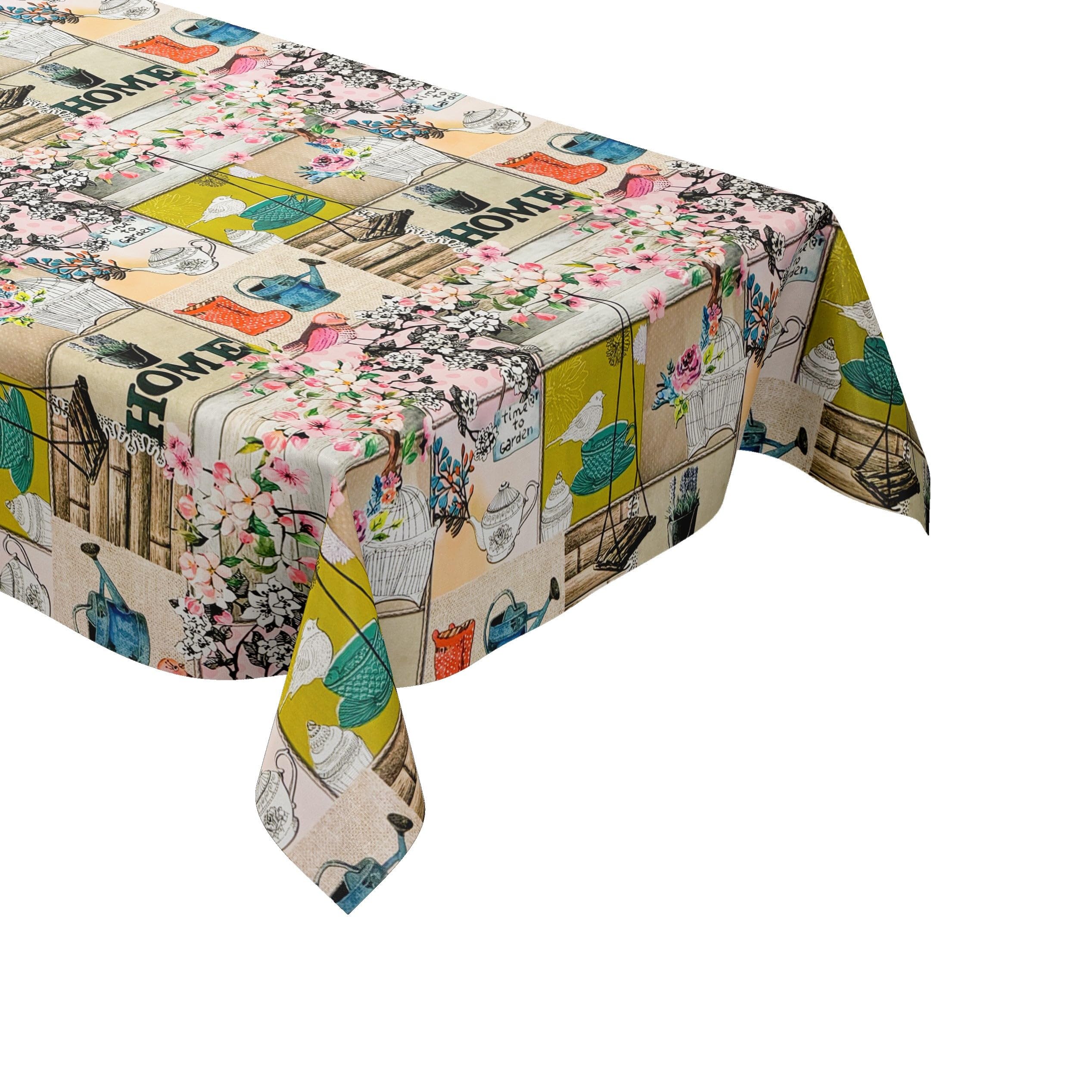 KEVKUS Nappe en toile cirée - Largeur : 160 cm - Motif oiseaux et fleurs de cerisier - Bois au choix - Rectangulaire, ronde et ovale - Dimensions : rectangulaire 160 x 180 cm avec ruban passepoilé