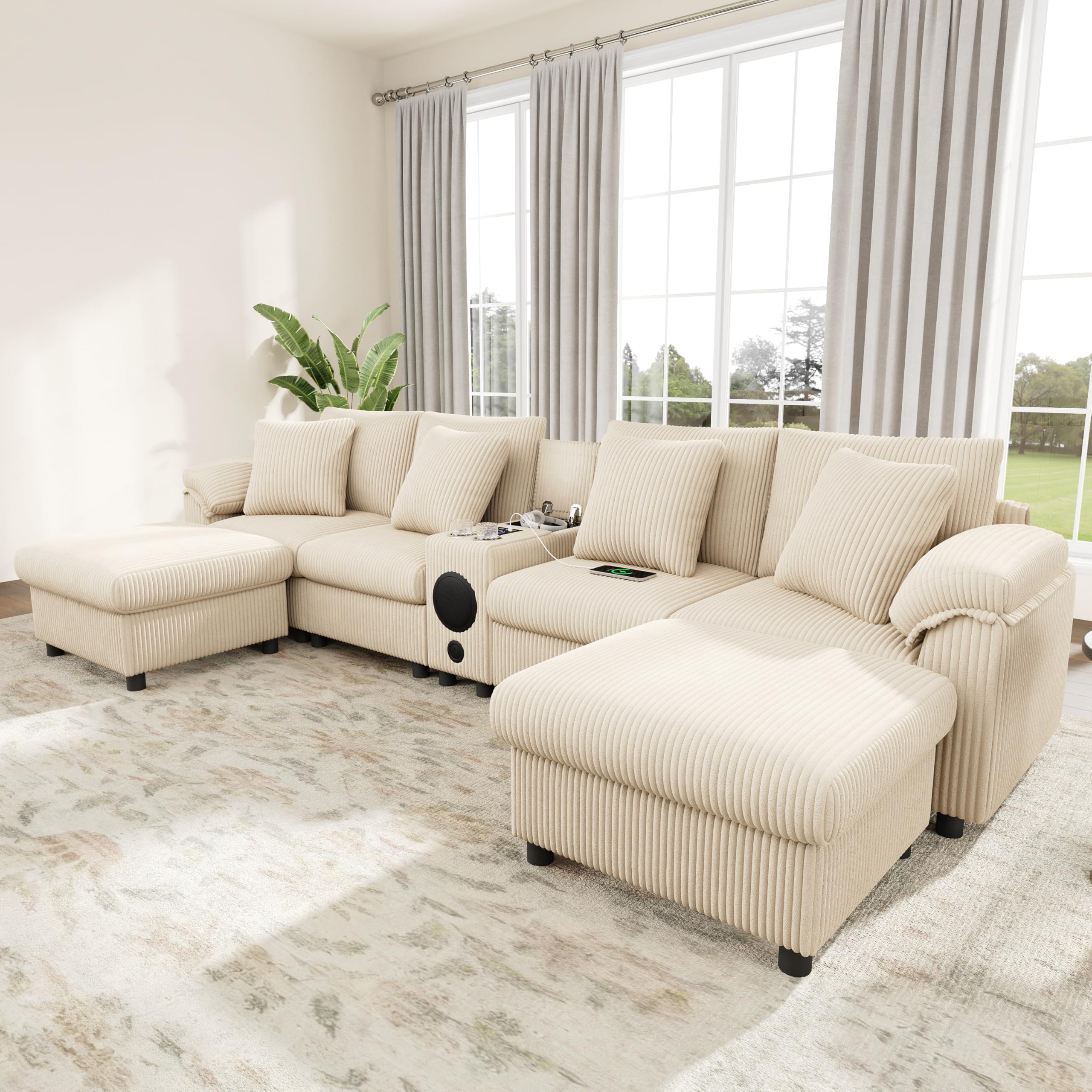 Sofá modular de pana en forma de U y L con consola, sofá esquinero con espacio de almacenamiento, portavasos y cojines, color beige