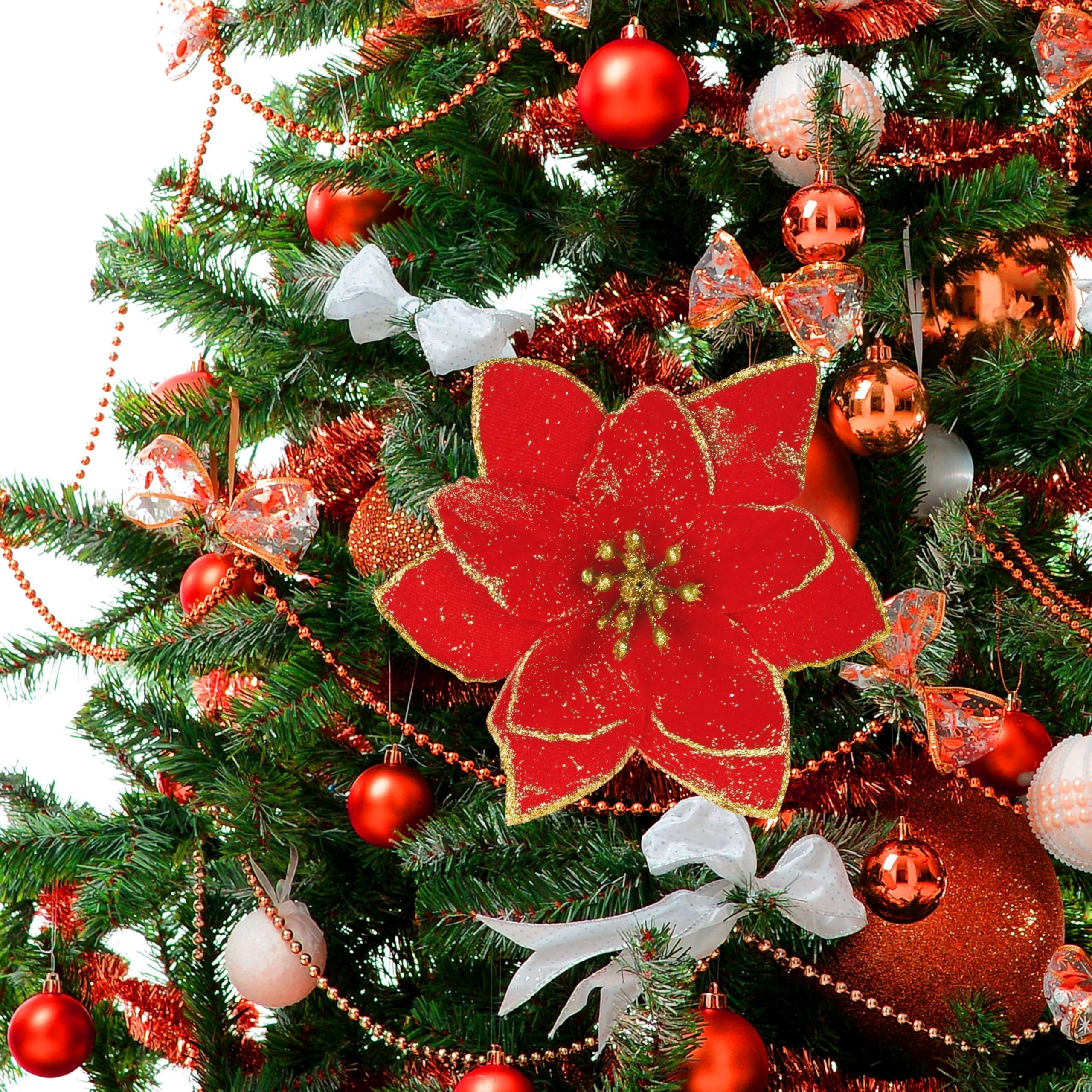 OCTERIC 36 flores de Pascua artificiales con purpurina con clips, corona de Navidad, adornos de árbol de Navidad para decoración de árbol de Navidad, coronas, decoración de vacaciones (rojo)