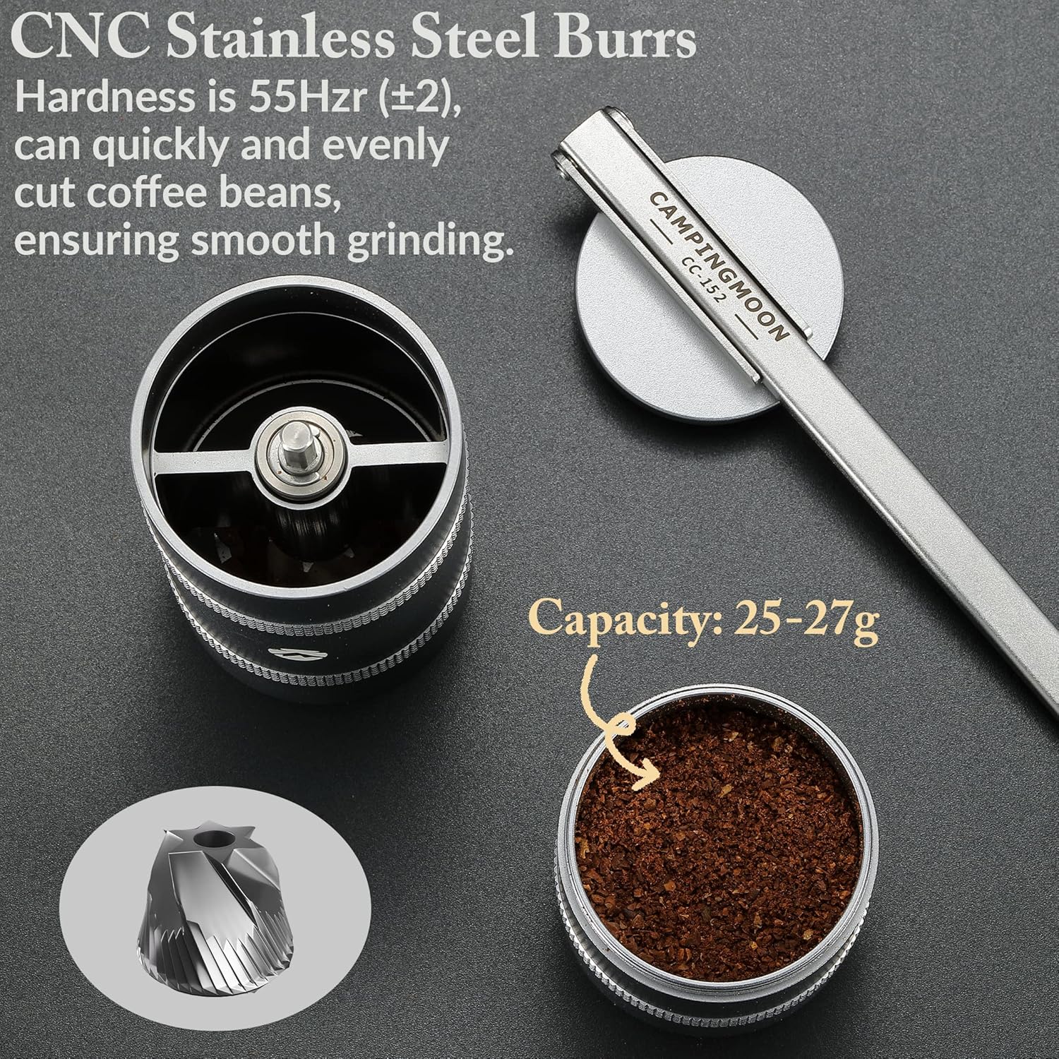 CAMPINGMOON Portable Manual Coffee Grinder, Stainless Steel Burr, Foldable Handle, Hand Grinder for Camping & Travel CC-115,CC-152 (Silver, M (25-27g))