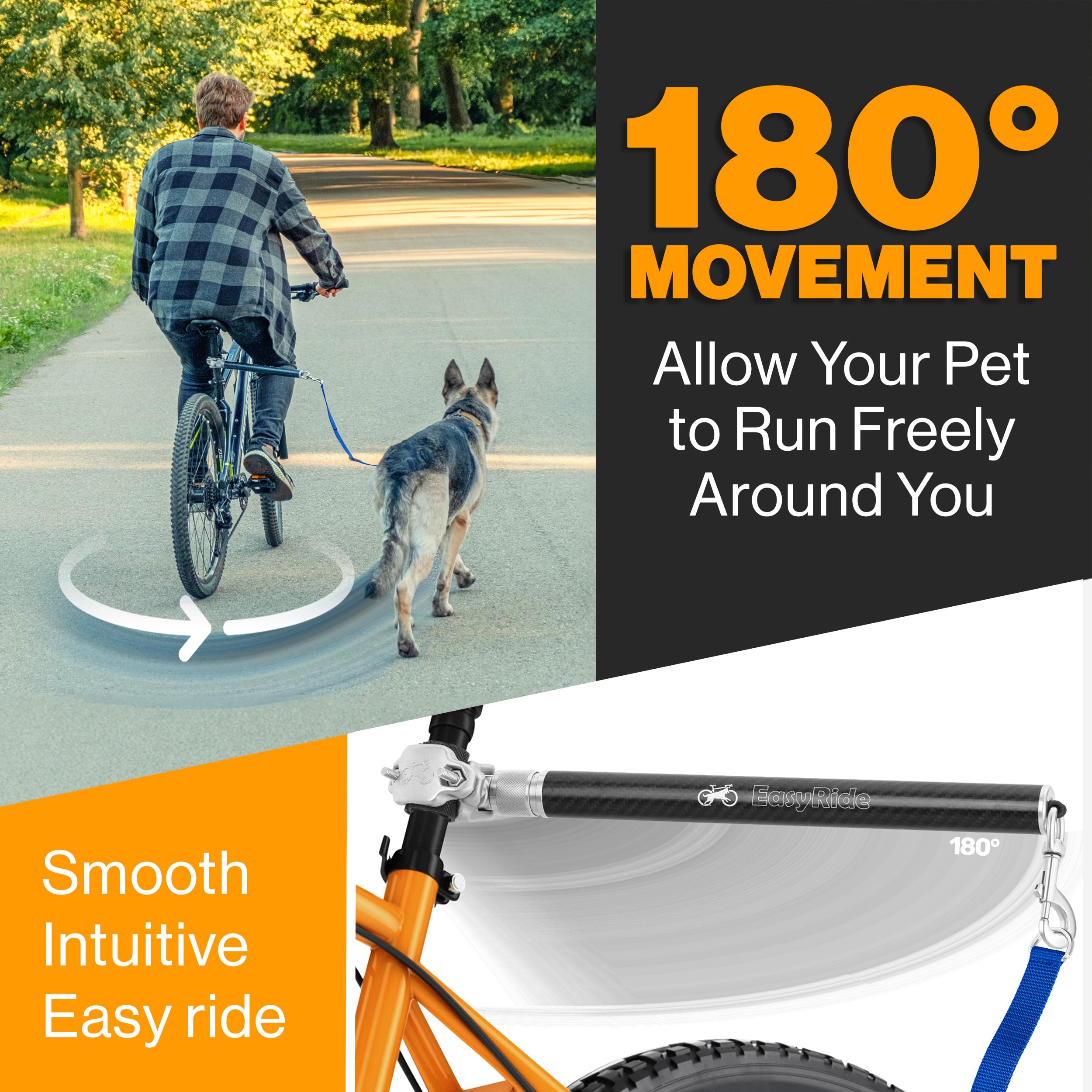 V2.0-Correa giratoria de 180° para Bicicleta de Perro, con amortiguadores y Mecanismo de fijación rápida, Fibra de Carbono, Desmontable, Ajustable para el Paseo más Suave, Pendiente de Patente