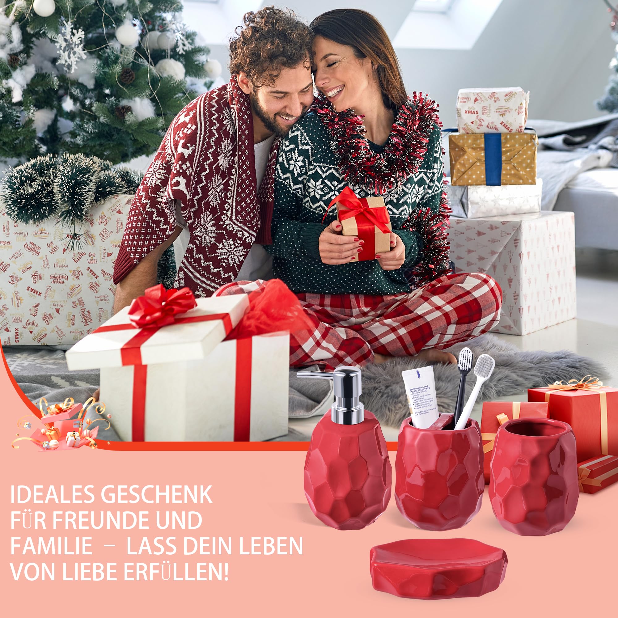 Set di accessori da bagno, set di 4 accessori da bagno, dispenser di sapone per lozione, portasapone, porta spazzolino, bicchiere per spazzolini, organizer da bagno per bagno moderno (rosso)