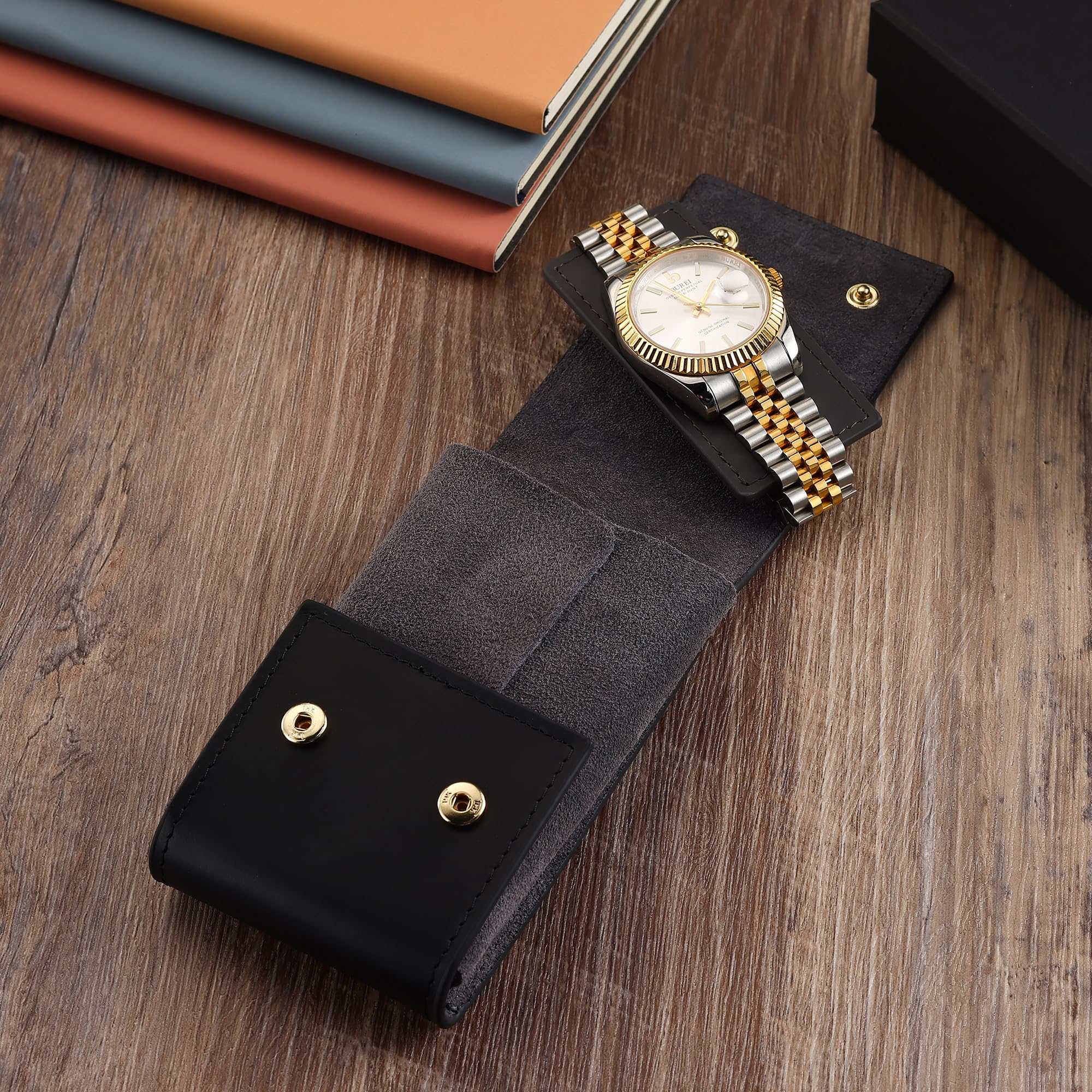 BUREI Leder Uhrenetui Tragbare Uhren Reisetasche Einzeluhr Reisetasche Uhrentasche Unterwegs Aufbewahrungstasche für Damen und Herren(Schwarz Grau)