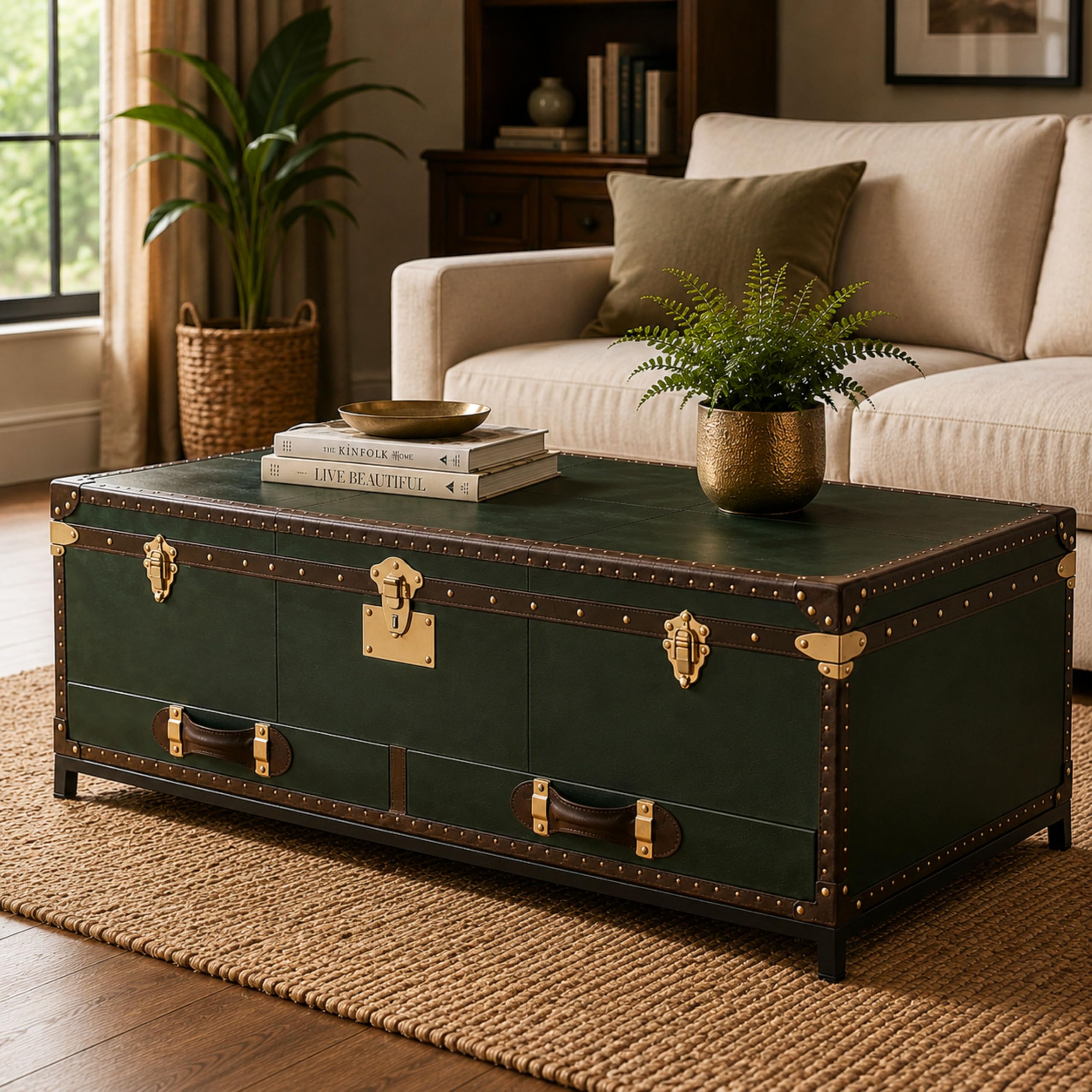 Wooden Trunk Storage Box with Lock & Drawers for Bedroom Decorative Home Storage Chest Multipurpose Organizer for Living Room, Clothes, Toys & Blankets Heavy Duty Design (Green)-image-7