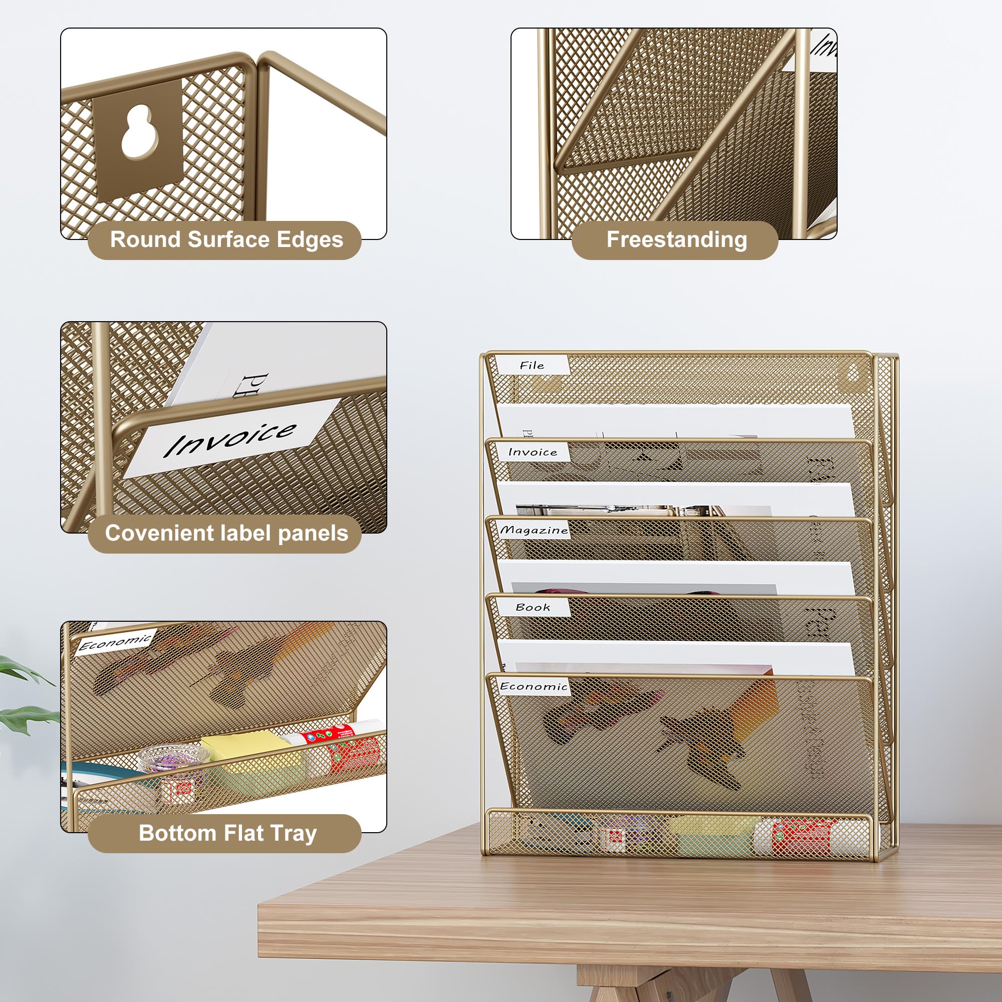 EasyPAG Organizer da parete in rete a 5 ripiani, formato lettera, supporto da scrivania/supporto da parete, organizer per posta per ufficio, casa e classe, argento