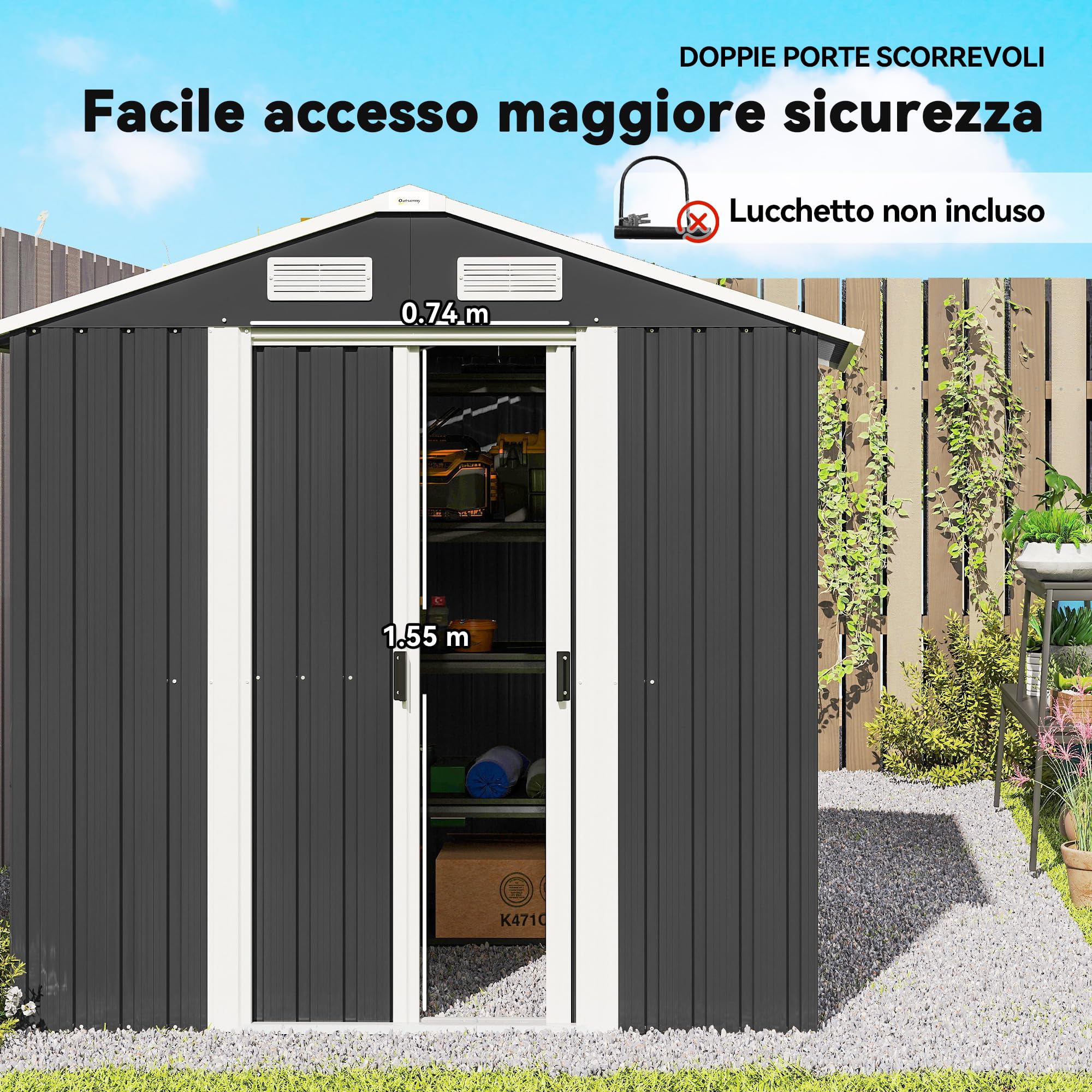 Outsunny Casetta da Giardino 2.8m² Acciaio Zincato con Prese d'Aria, Capanno Attrezzi 2 Porte Scorrevoli, 195.5x158.5x188 cm, Nero
