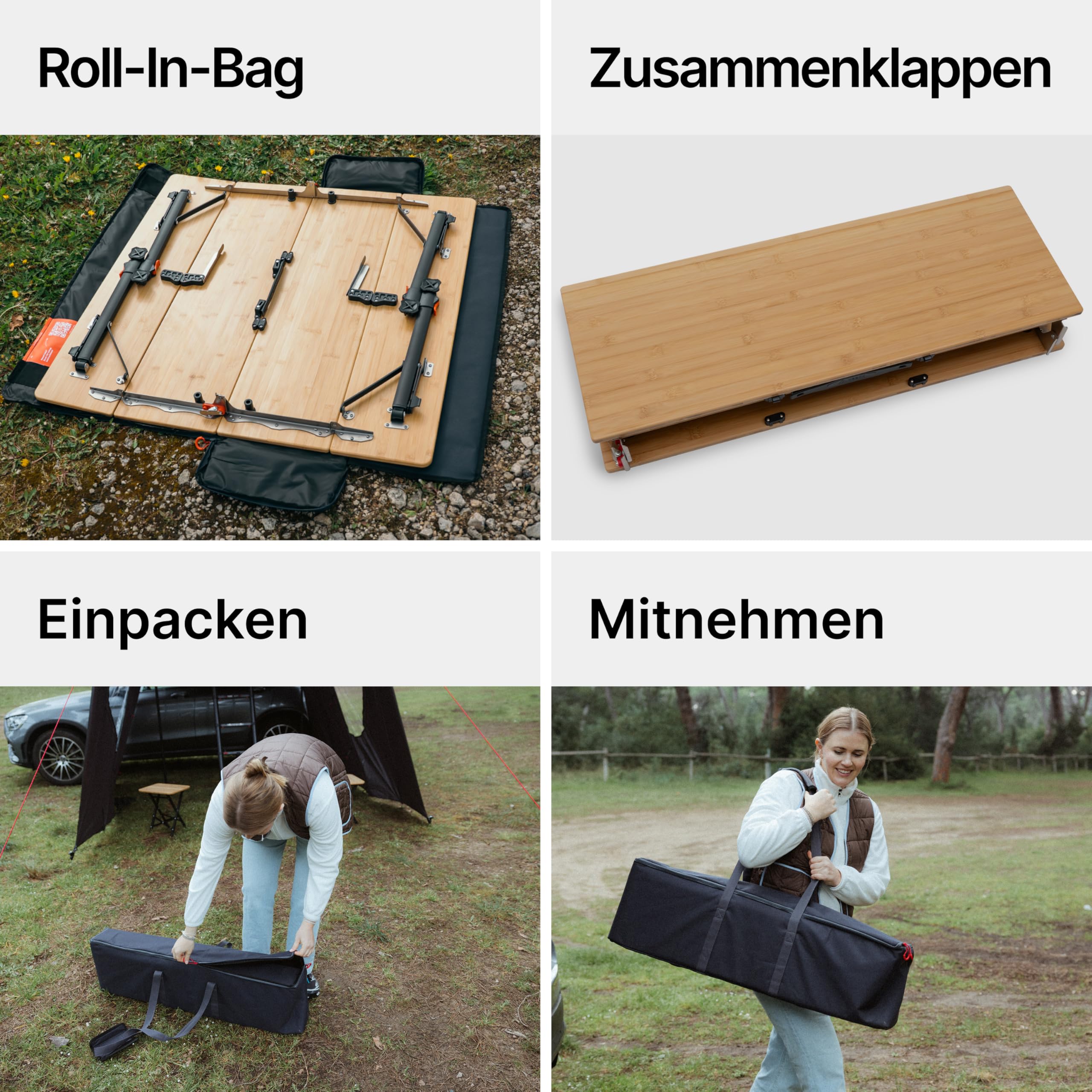 qeedo Quick Kimmy Campingtisch - klappbarer Bambus Tisch höhenverstellbar 43 bis 70 cm - Faltbarer Campingtisch mit Tragegriff & Packtasche - Stabiler Outdoor Tisch für Camping, Garten und Picknick