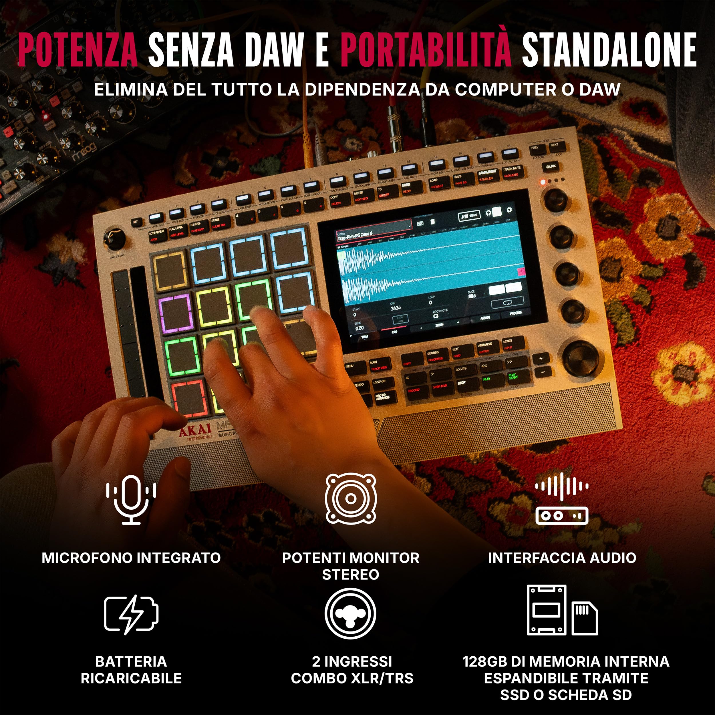 Akai Professional MPC Live III Retro Centro di Produzione Musicale Portatile Standalone con Pads MPCe, Sequencer, Touchscreen, Microfono, Monitor Stereo, Interfaccia Audio, Wi-Fi, Bluetooth, Batteria
