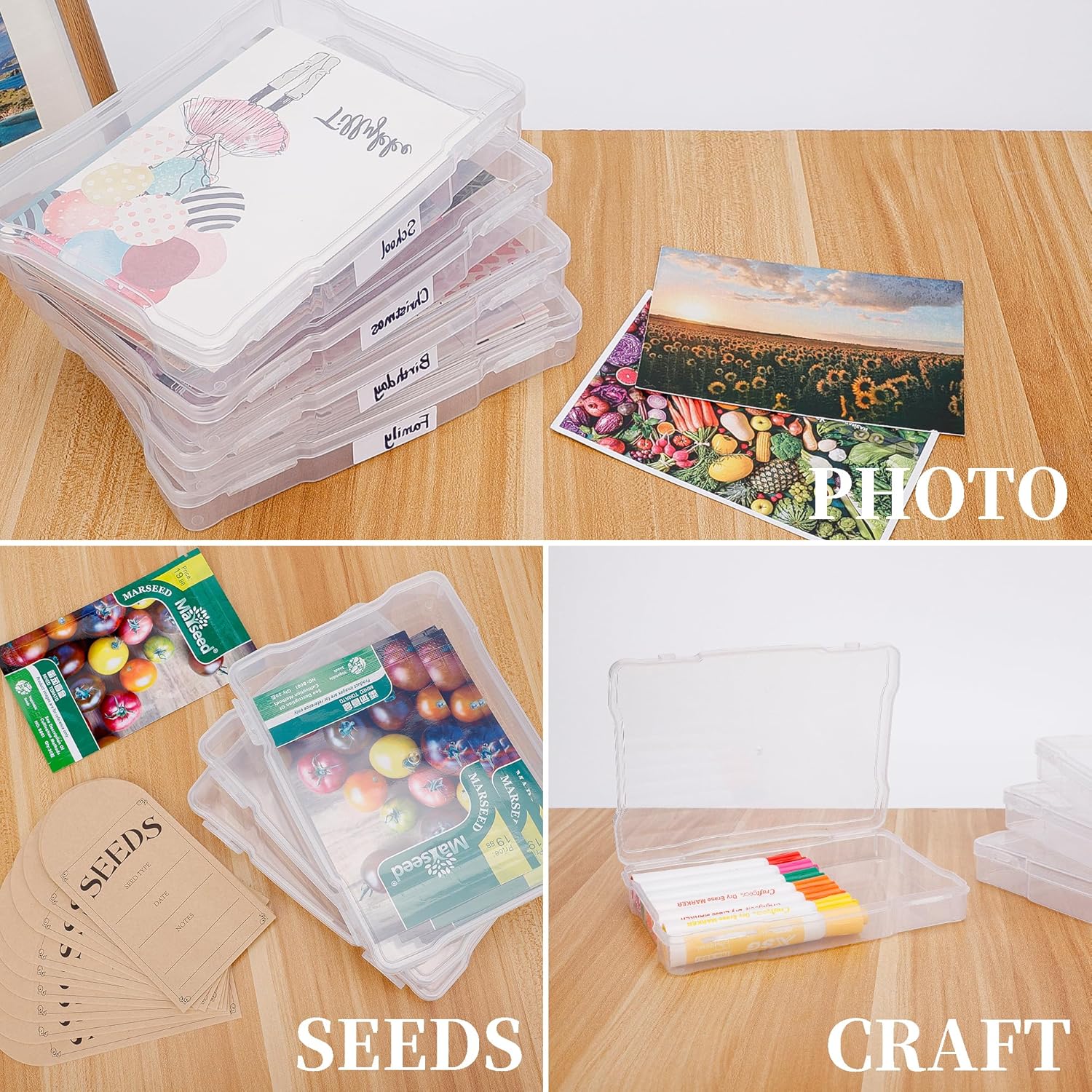 5" x 7" Photo Storage Box - 6 Inner Acid-Free Photo Cases, Seed & Craft Organizer for Cards, Pictures, Stamps & Office Supplies (Clear)