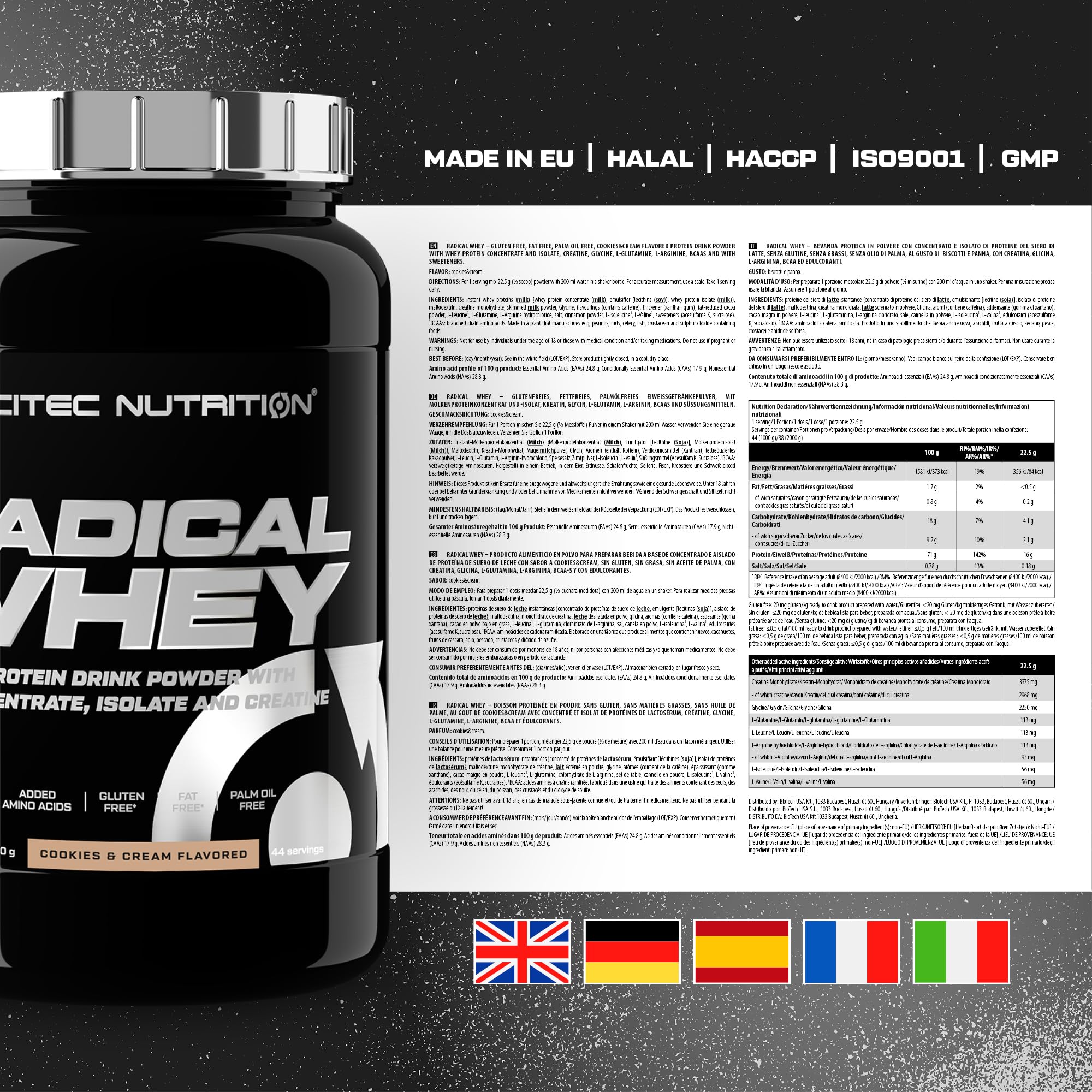 Scitec Nutrition Radical Whey - Concentré et isolat de protéines de lactosérum - Avec créatine et BCAA - Sans gluten - Sans graisse, 1000 g, Cookies&Cream