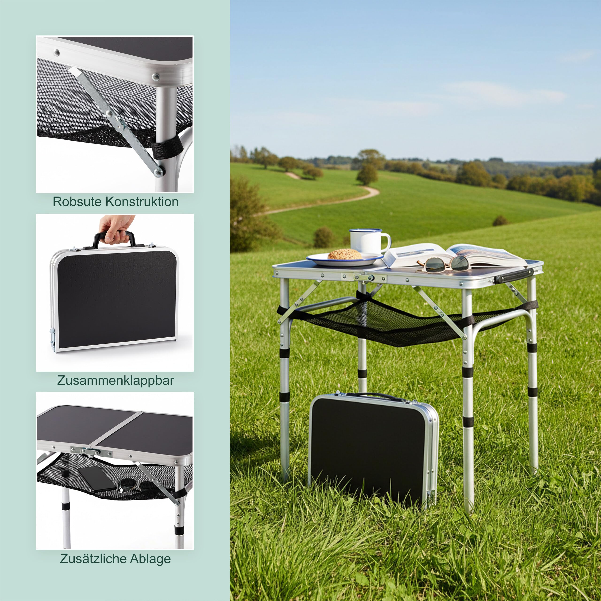 Relaxdays Mesa de Camping Plegable, Altura Regulable, 60×60×40 cm, Aluminio/MDF, Resistente a la Intemperie, Negra
