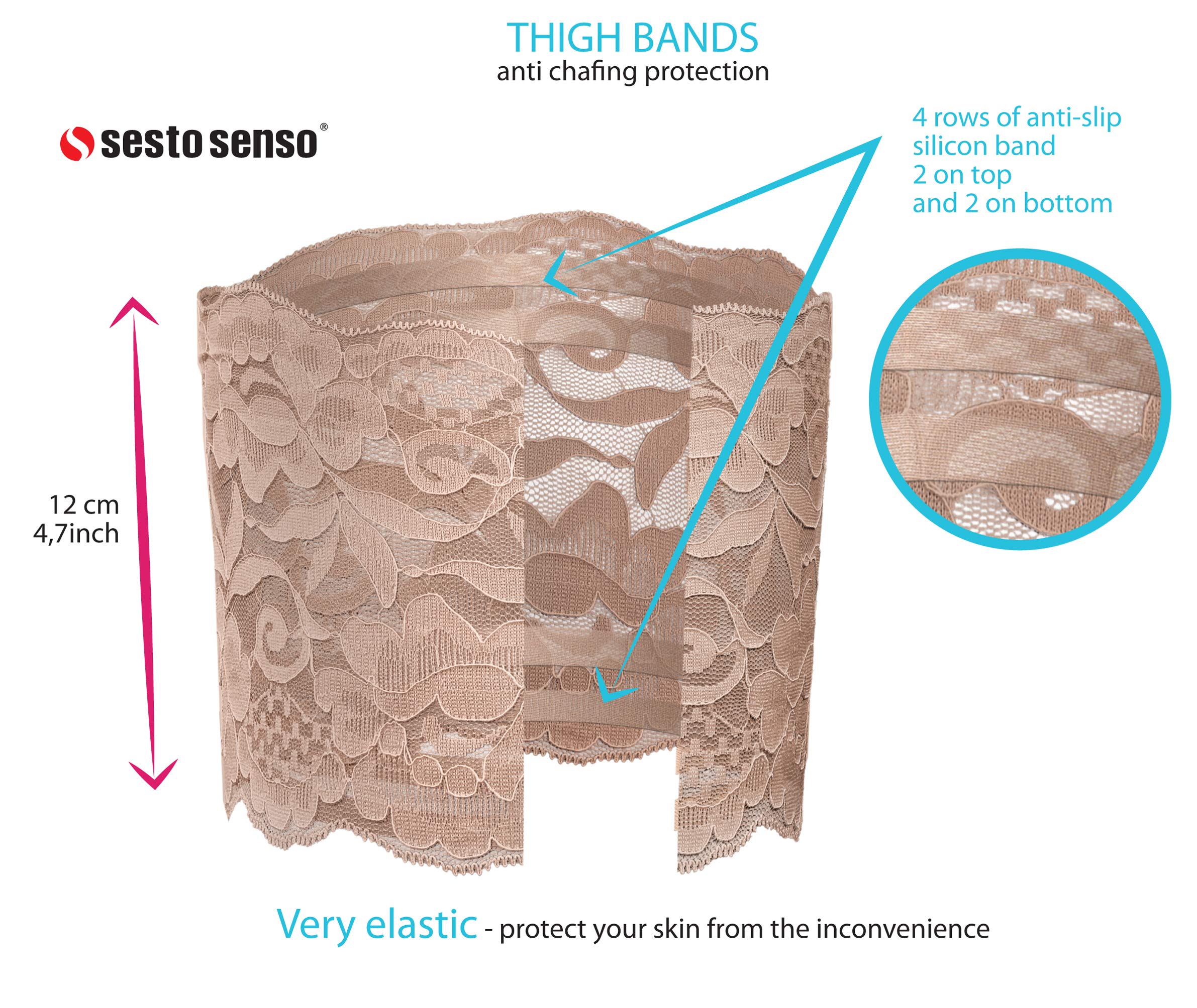 sesto senso 2 Paia Fasce per Cosce Pizzo e Liscio Prevenendo lo Sfregamento con 4 Strisce di Silicone