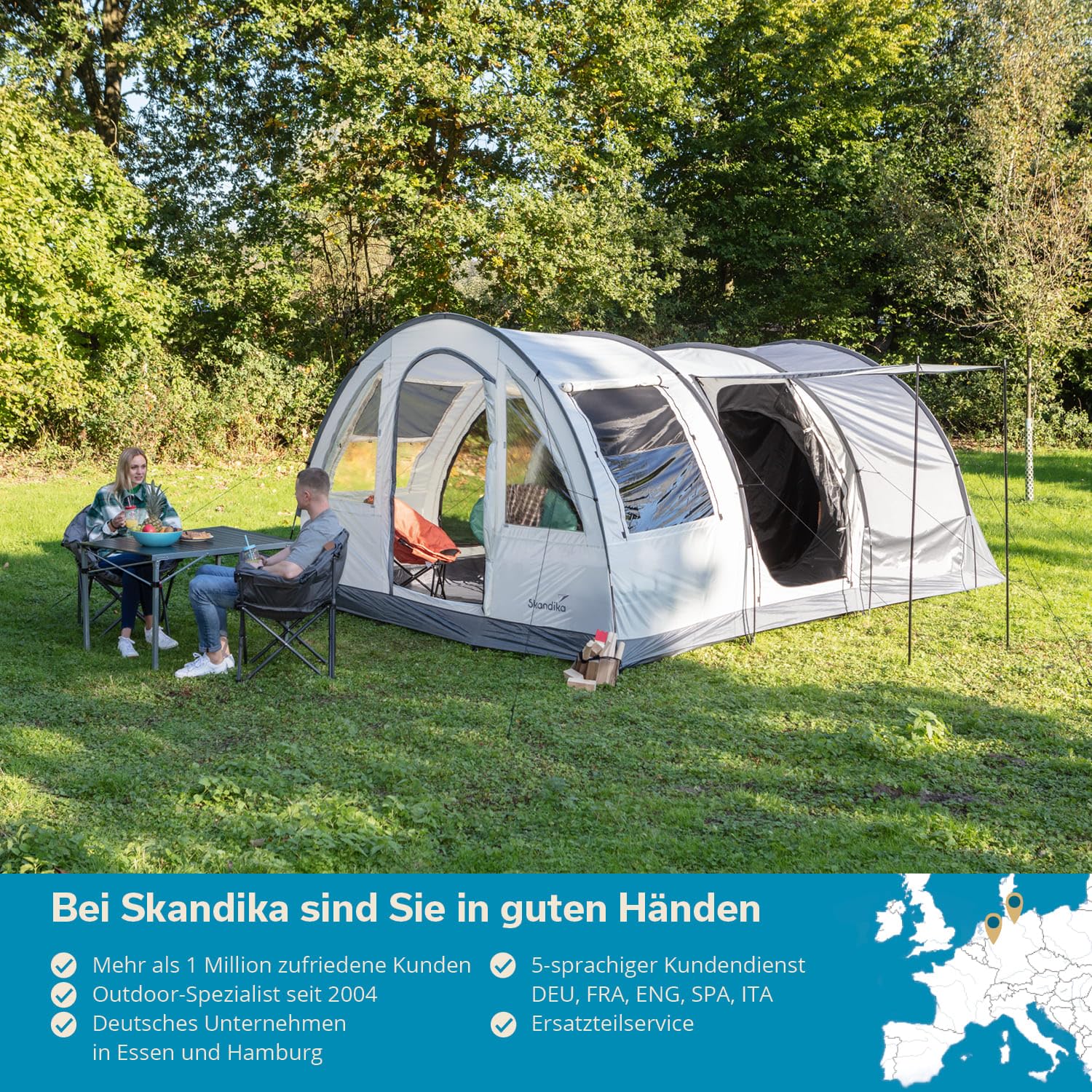 Skandika Simo 4/5 Protect | Tenda da campeggio familiare a tunnel, fondo cucito, colonna d'acqua 3000 mm, cabine oscurate, zanzariera, 3 ingressi