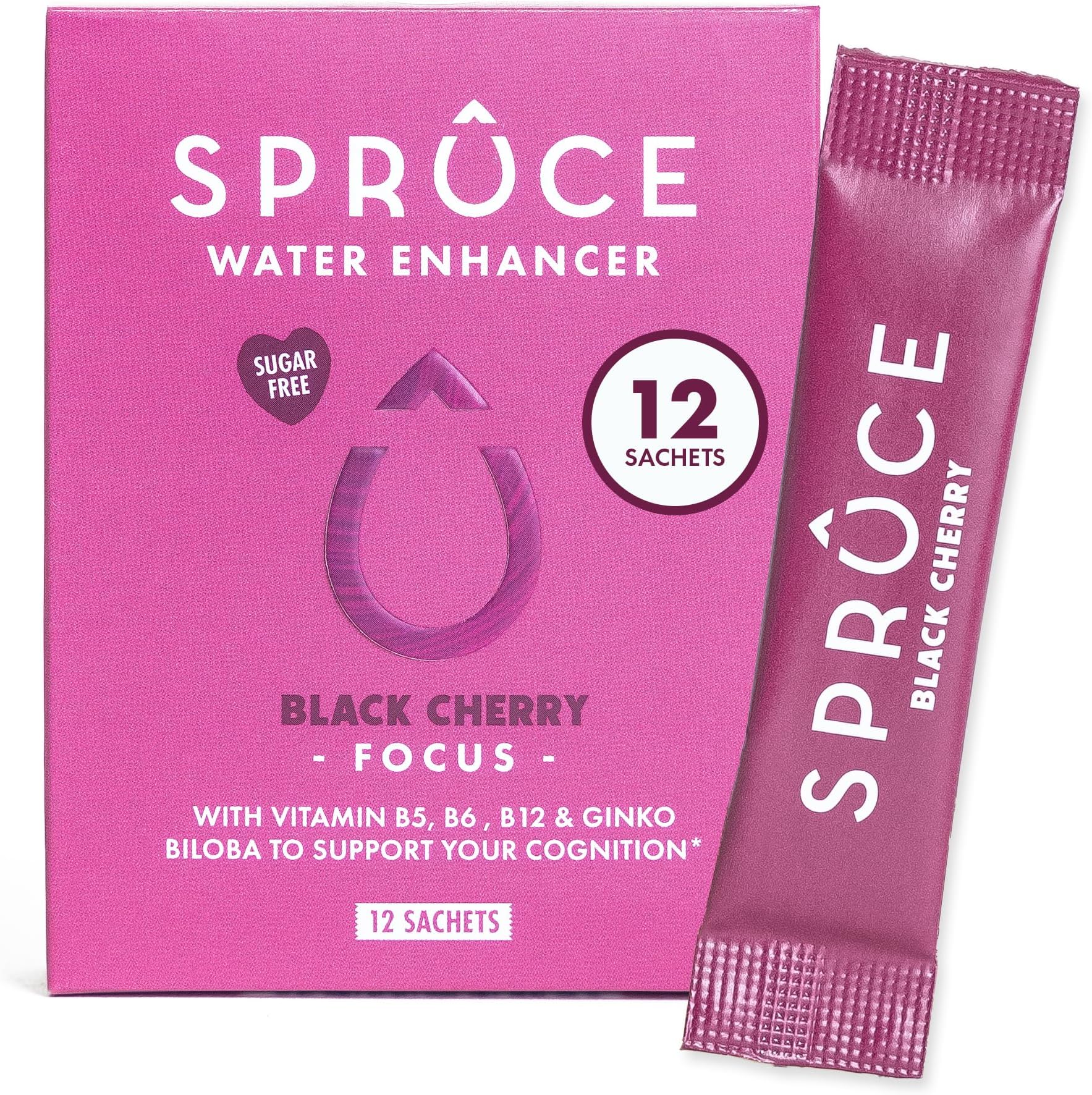 Sugar-Free, Low Calorie Water Enhancer With Ginkgo Biloba – Antioxidant – Supports Cognition, Focus & Memory, Hydration Powder With Vitamins & Minerals - Black Cherry, 12 Sachets