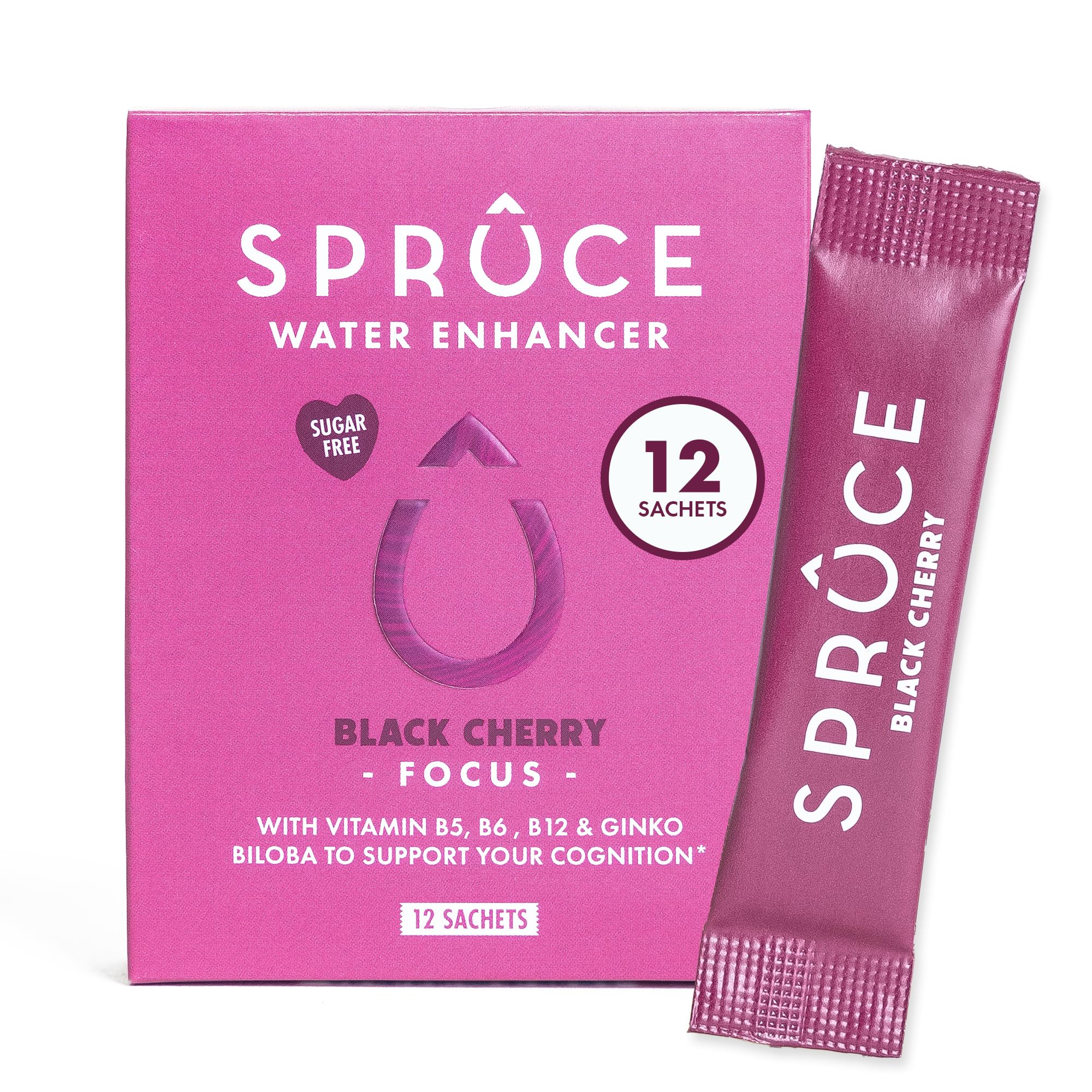 Sugar-Free, Low Calorie Water Enhancer With Ginkgo Biloba – Antioxidant – Supports Cognition, Focus & Memory, Hydration Powder With Vitamins & Minerals - Black Cherry, 12 Sachets