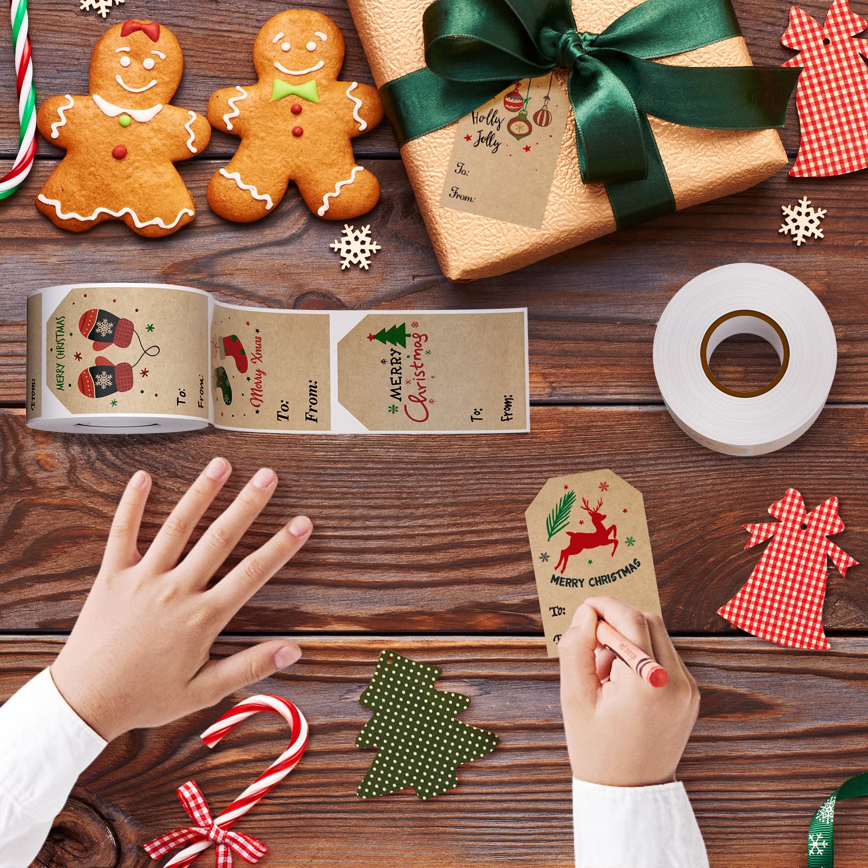 300 Pcs Christmas Stickers,2 * 3 Inch Christmas Label Stickers,6 Designs of Christmas Tags Sticker, Brown, Small - Image 3