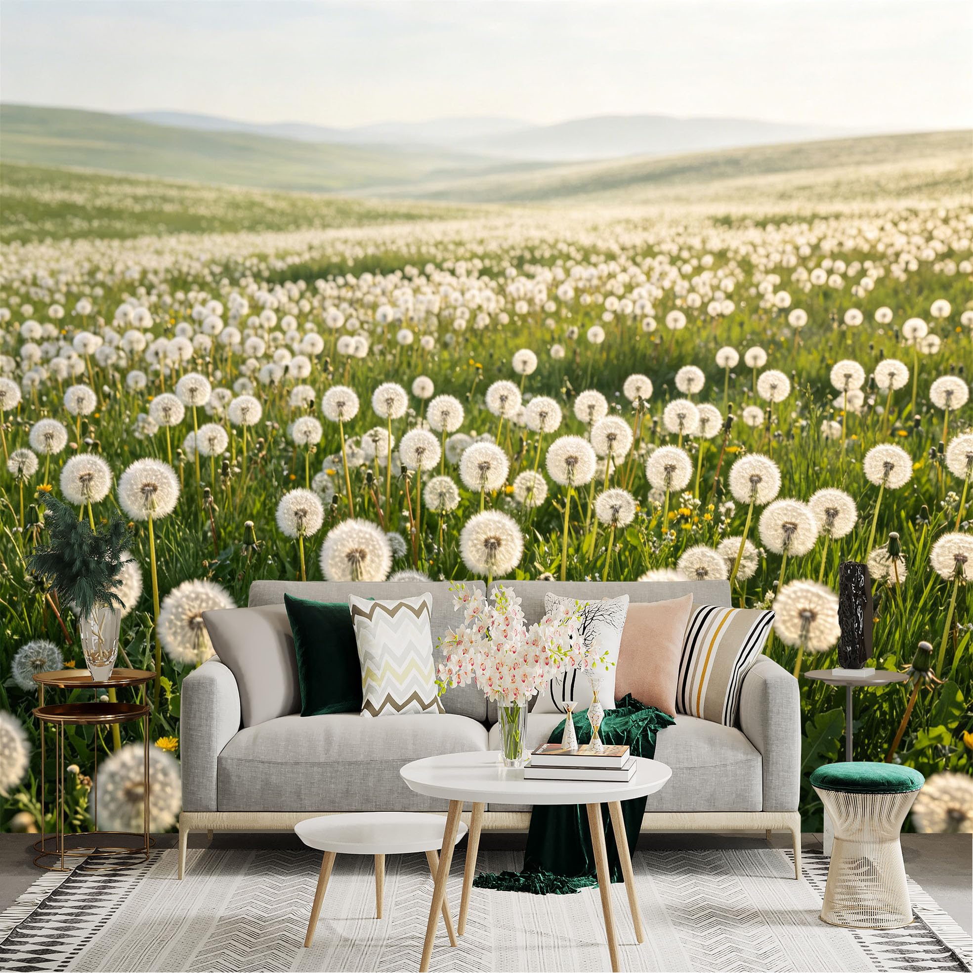 Lnzczhyre Dbh260521329 Custom Size Wall Sticker Mural， White Fluffy Dandelion Field In Spring， Nature Landscape， Serene Floral Meadow， For Wall Decoration， Peelandstick Wall Decals.