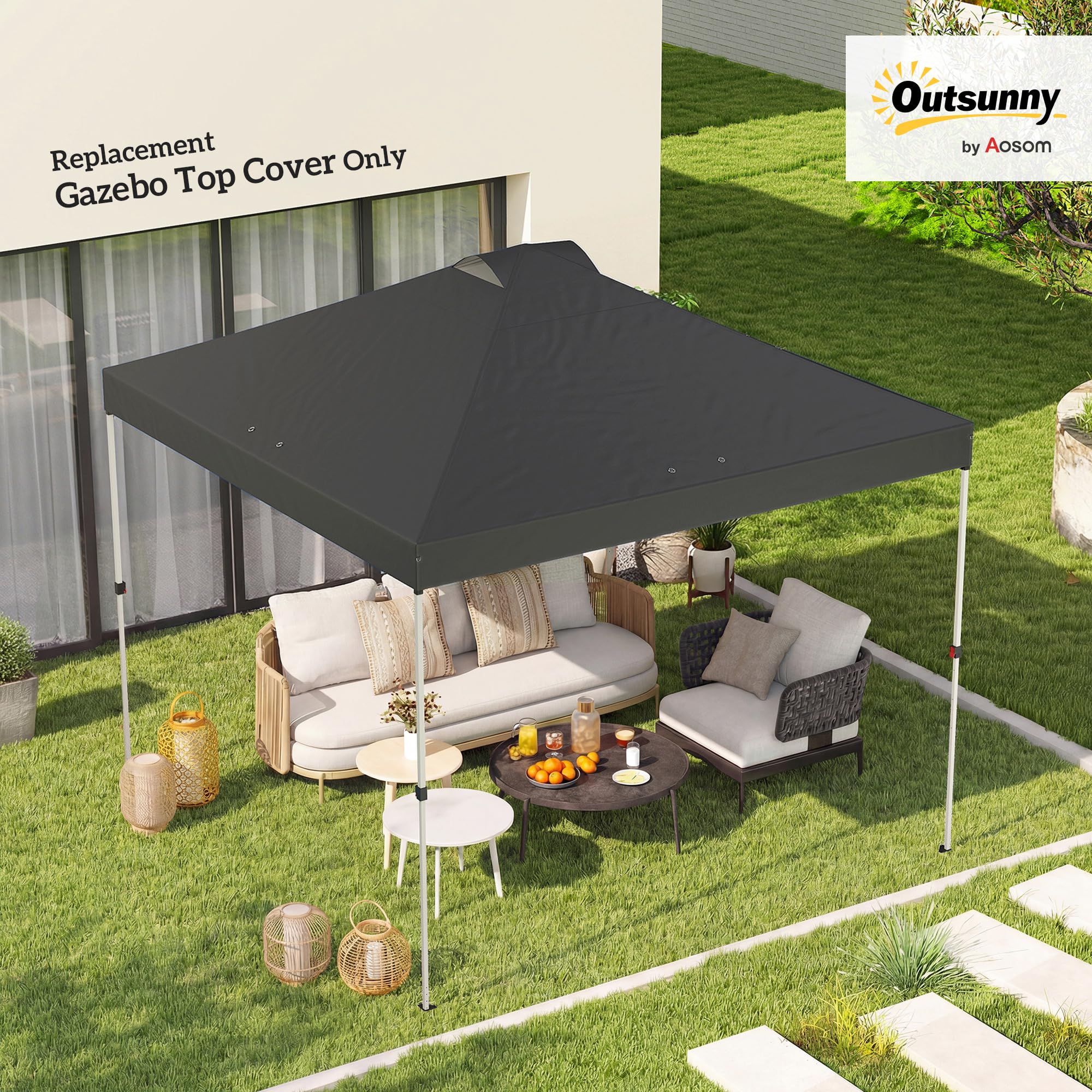 Outsunny 3 x 3(m) Pop Up Gazebo Canopy Replacement Cover with 8 Drainage Holes and Double Vents, UV50+ Waterproof Canopy Cover Replacement Top, Dark Grey — view 2